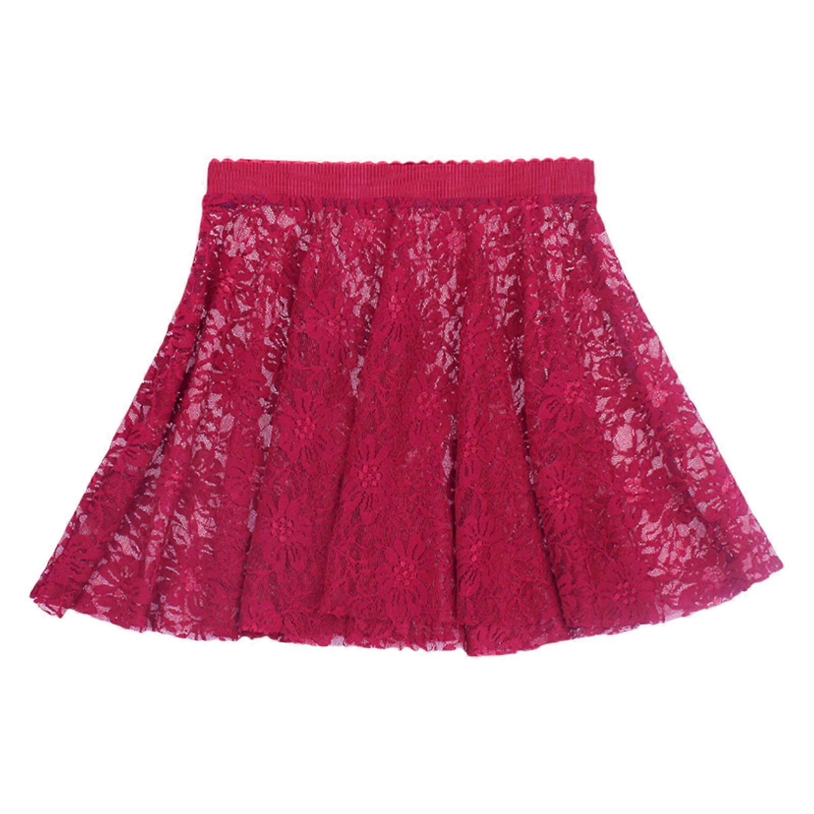 Saia de Balé com Cintura Elástica para Meninas Saia de Dança Transparente Flor Renda Infantil Plissada A Linha Balanço Curto Tutus Saia Borgonha S