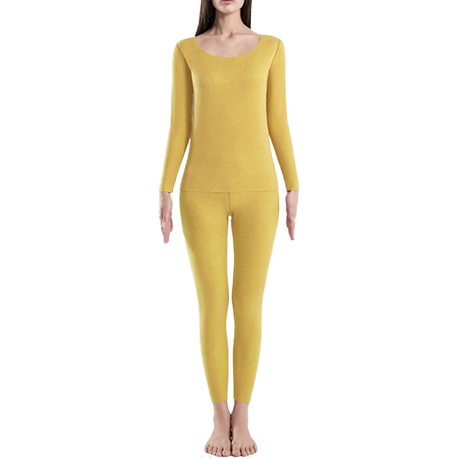 Women Winter Trends Thermal Underwear Set Long Johns Base Layers Fleece Lined Top and Bottom Thermals Set Loungewear Set  Yellow L
