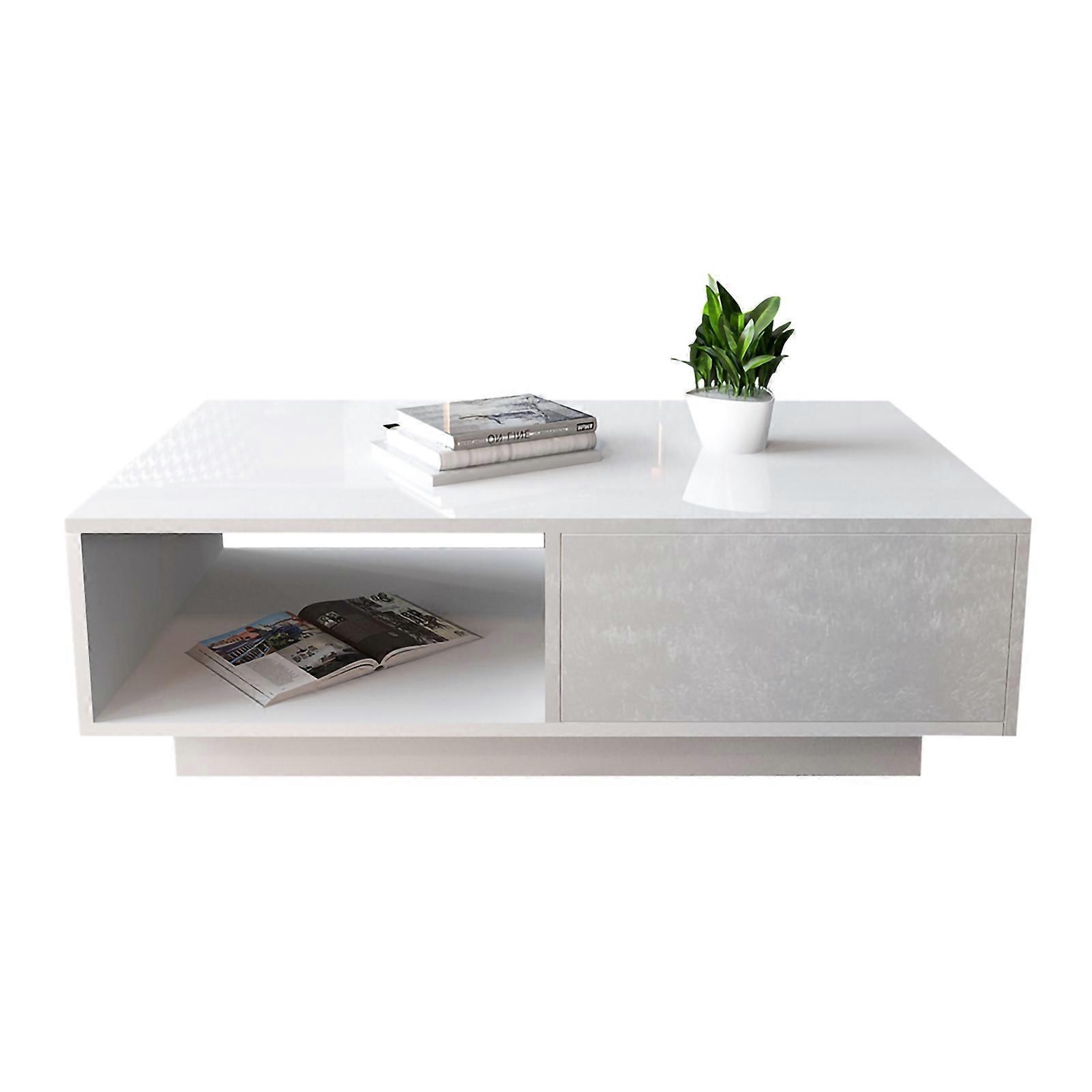 Table basse rectangulaire moderne et brillante avec rangement pour salon (blanc)