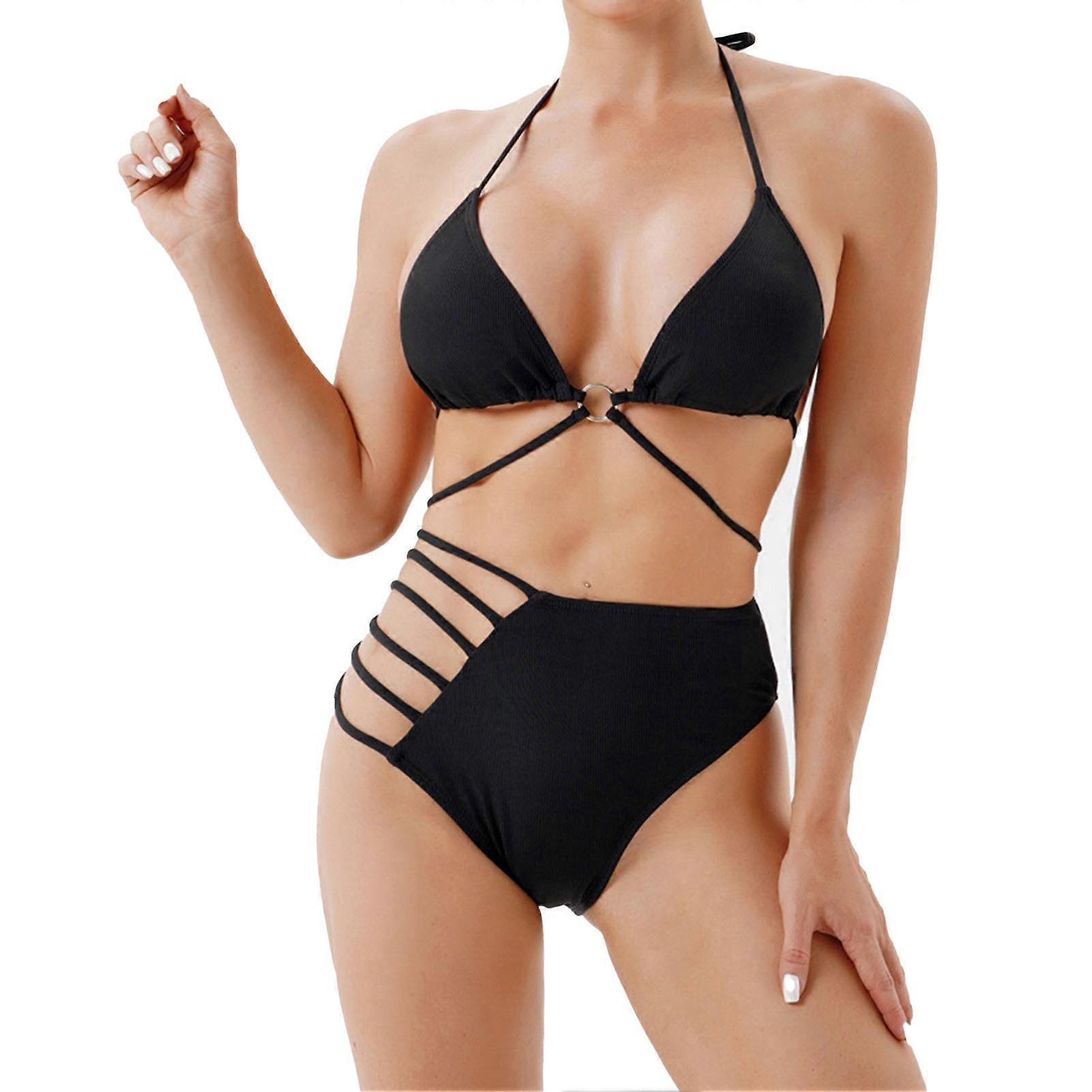 2 Pieces Bikini Set Fast Drying Backless Solid 2 Pieces Ring Linked Bikini for Women Beach Holiday