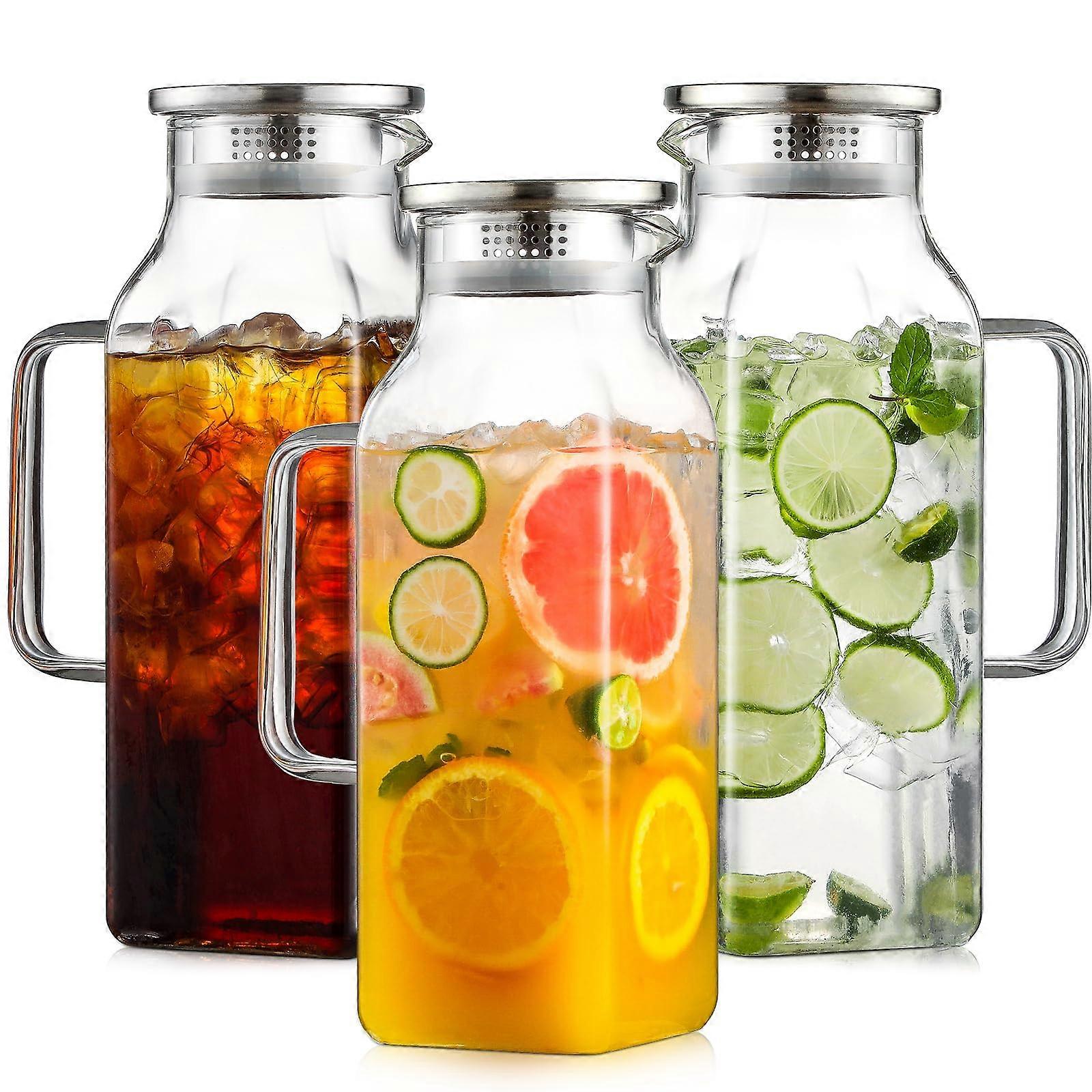 3 Pack Square Glass Pitcher for Iced Tea and Coffee Carafe Fridge Storage 2 Liters/68 oz