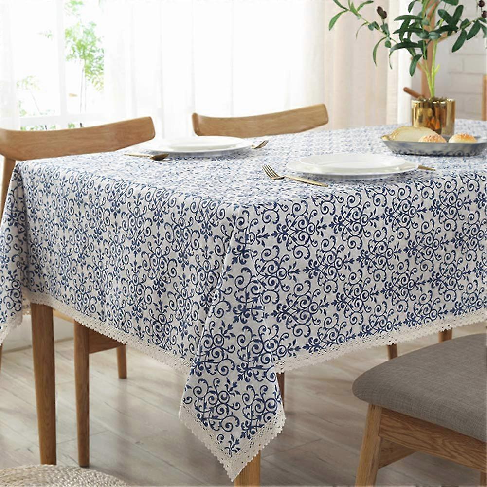 Vintage Washable Cotton Linen Fabric Navy Blue Damask Pattern Table Covers in Multiple Sizes for Home Décor