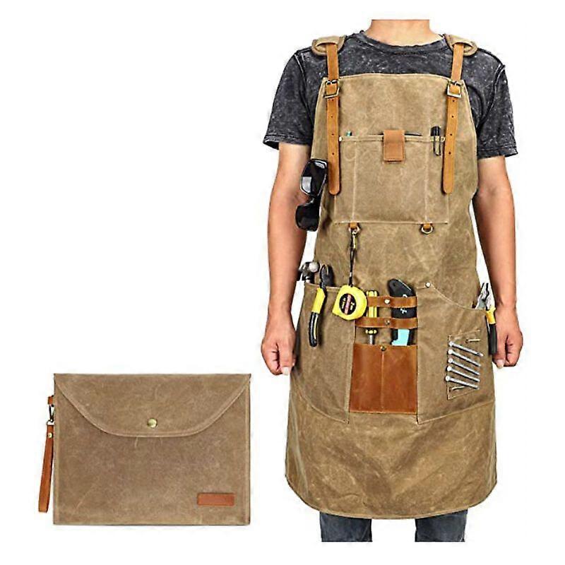 Waxed Canvas Work Apron for Men and Women with Pocket and Padded Straps, Quick Release Buckle, Adjustable Apron up to XXL