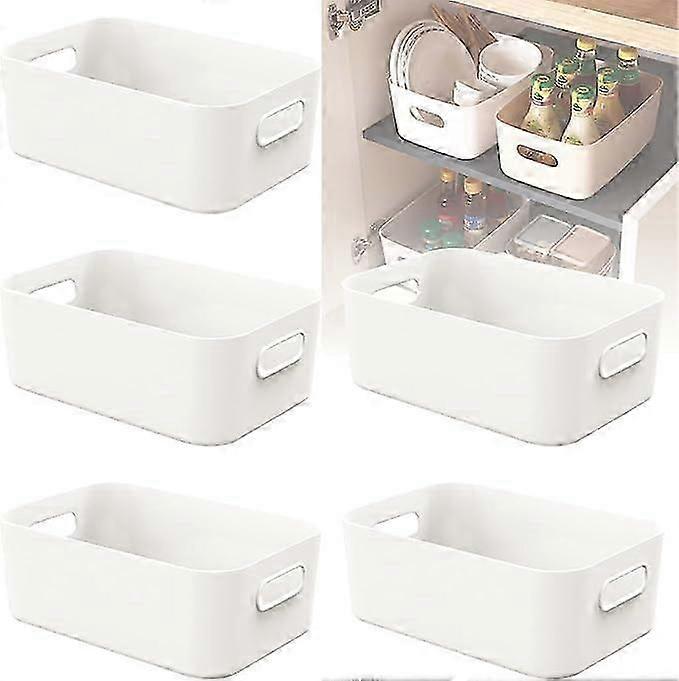 5 PCS White Plastic Storage Boxes with Handles, Small Storage Baskets