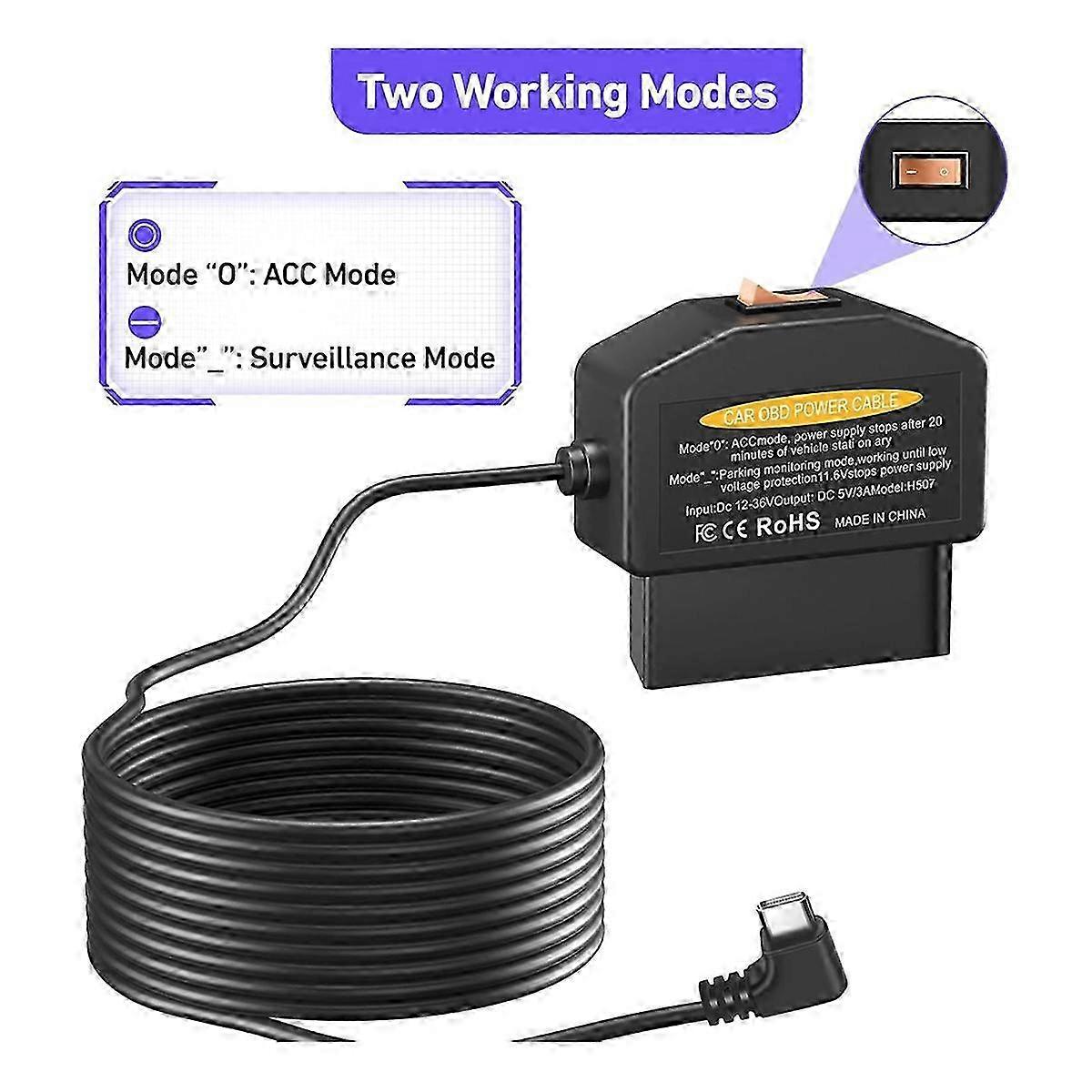 ダッシュカメラ用OBD2 OBD電源ケーブル、OBD-Type-C USB OBDIIアダプターハードワイヤー充電ケーブル、12-36V hwyYVL