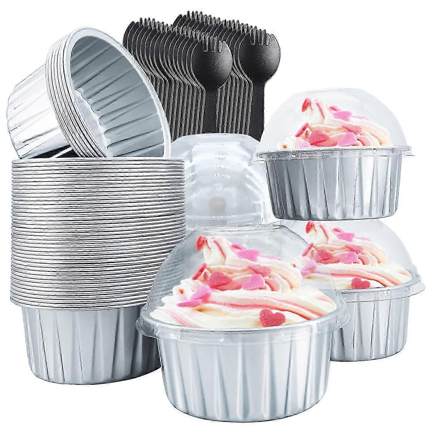 50 Pack of Cupcake Liners with Dome Lids, 5oz Aluminum Foil Baking Cups, Muffin Tin, Souffle Dessert Pudding Ramekin Holders for Bakery Even