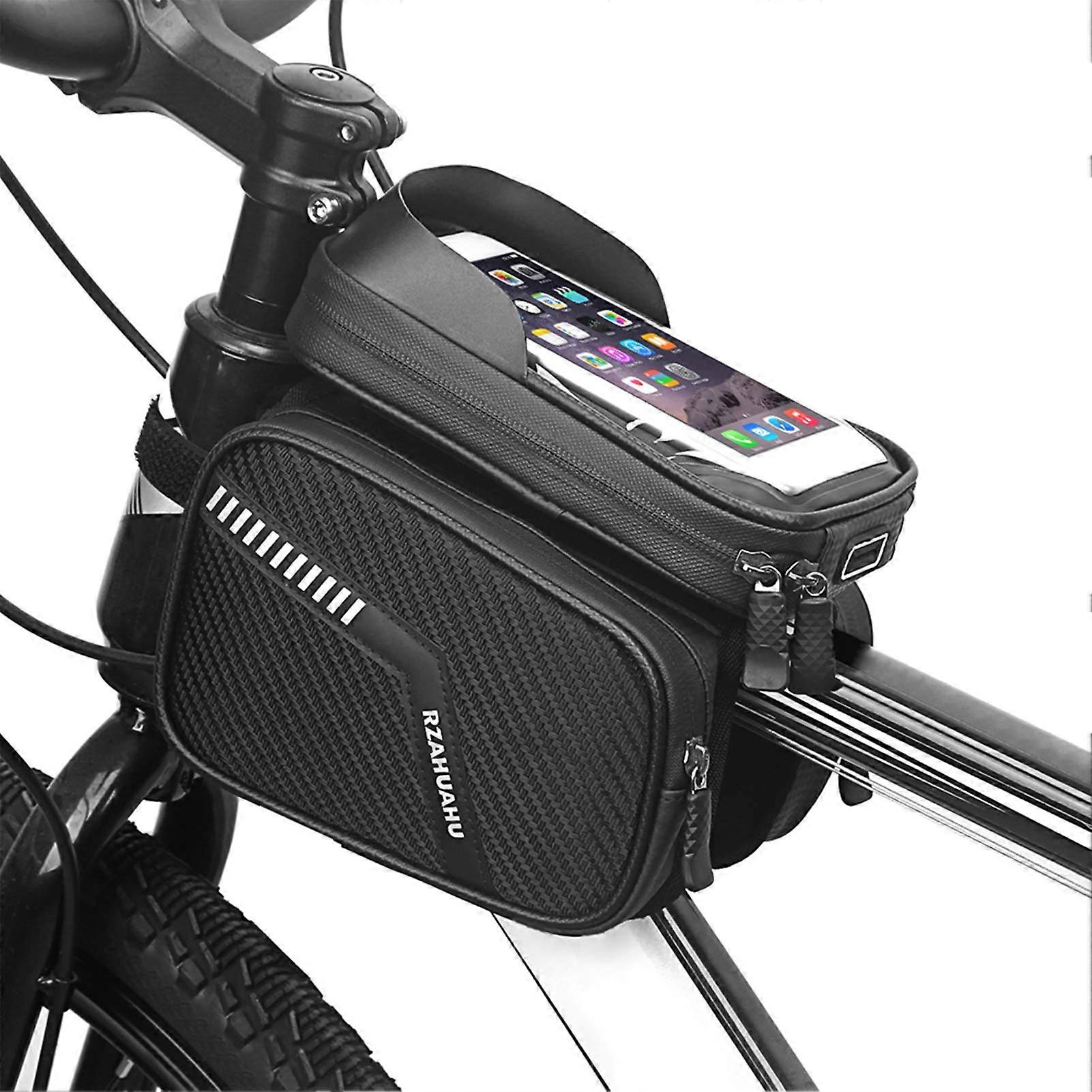 Waterproof Bicycle Frame Bag with Double Compartments and Touchscreen Phone Case for MTB Mountain Bikes