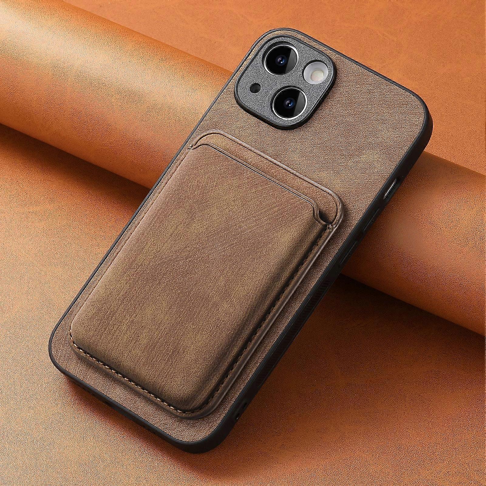 Case For Iphone 13 Brown Magnetic Solid Fine Hole Card Holder No1191