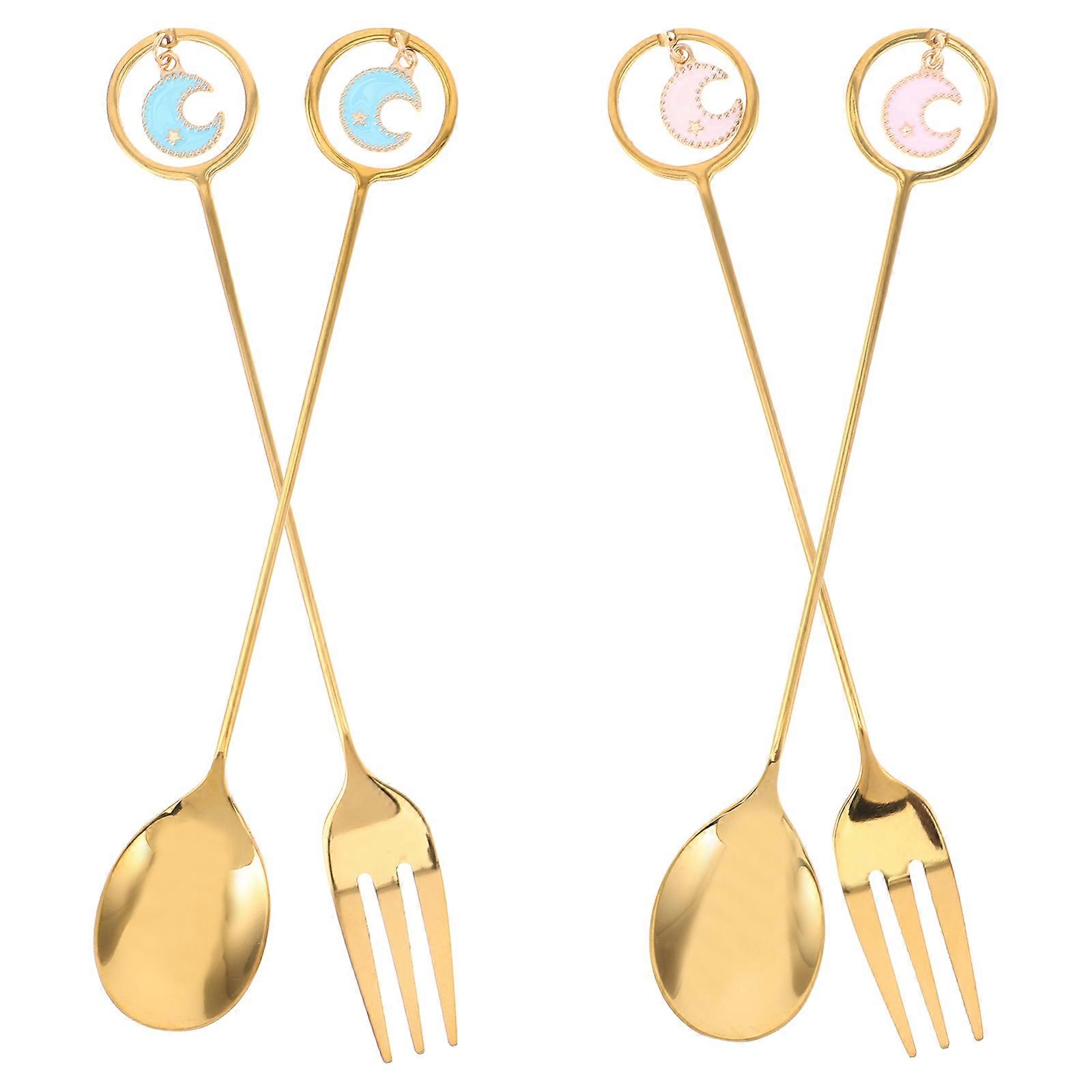 Small Appetizer Spoons Golden Star And Moon Shape Stainless Steel Dessert Forks And Spoons Home Tableware 4Pcs