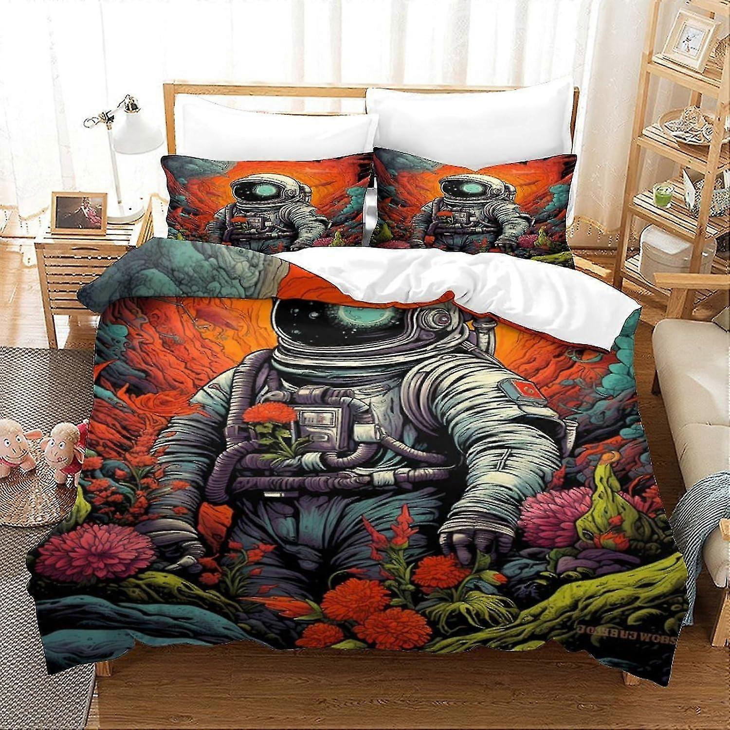 3D Printed Astronaut Duvet Cover Set Retro Style Bedding Set, Soft Microfiber, 2 Pillowcases, Hidden Zip