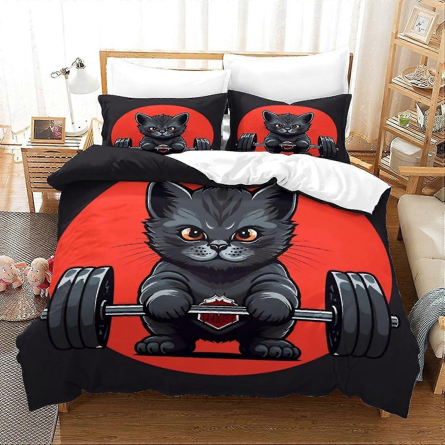 Duvet Cover Set for Cat Lovers with 3D Weightlifting Print, 3-Piece Microfibre Soft Bedding with Zip