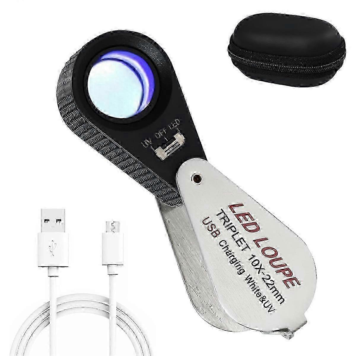 10x Jeweler's Loupe with UV & LED Lights, Rechargeable 10x Magnifier 22mm Optical Glass Triplet Lens