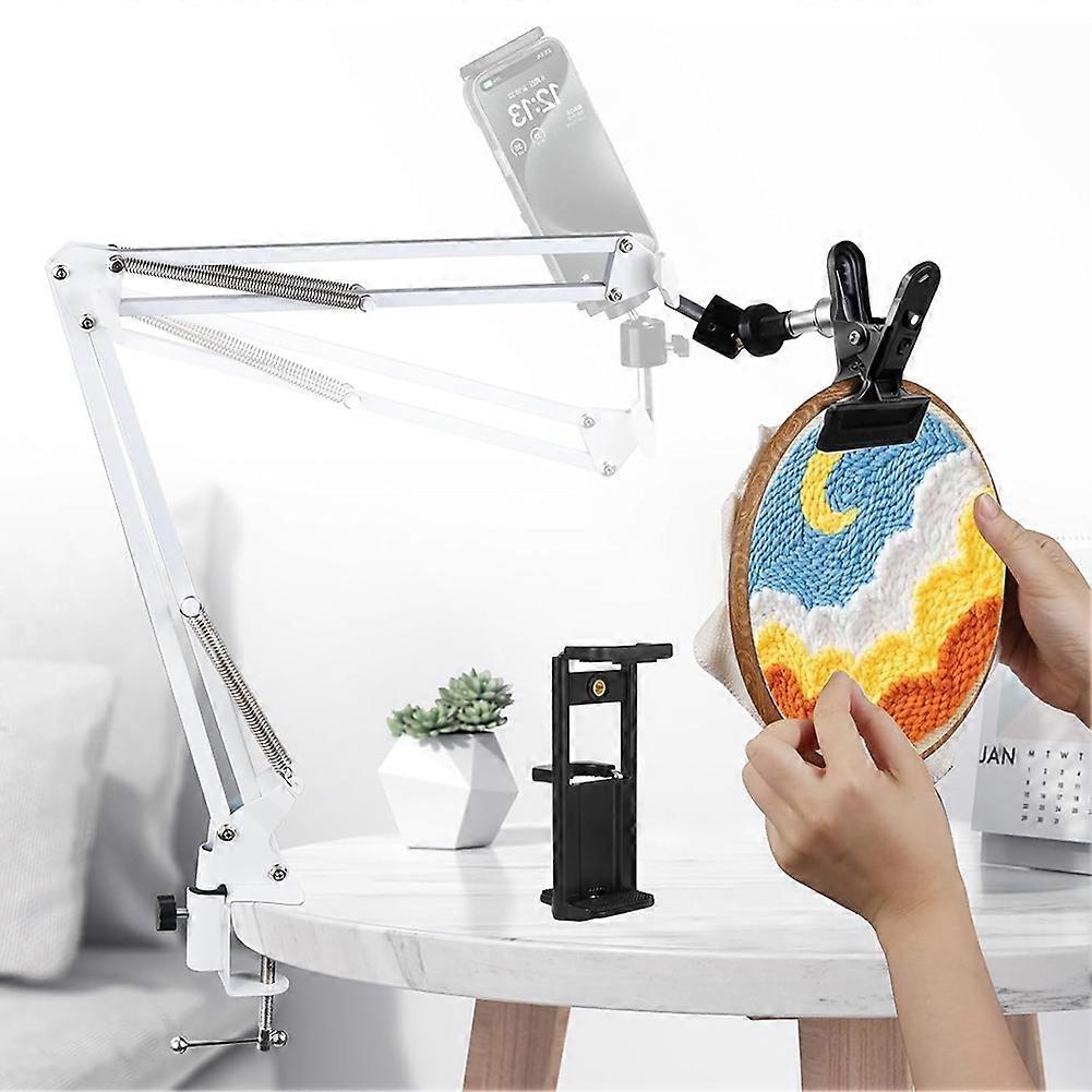 White Adjustable Embroidery Hoop Stand for Handwork, 3 in 1 Hoop/Tablet/Phone Holder Desktop Stand, Needlework Frame