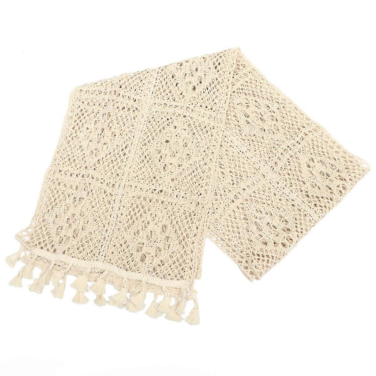 Crochet Table Runner for Home Use with Tassel Placemat White Cotton