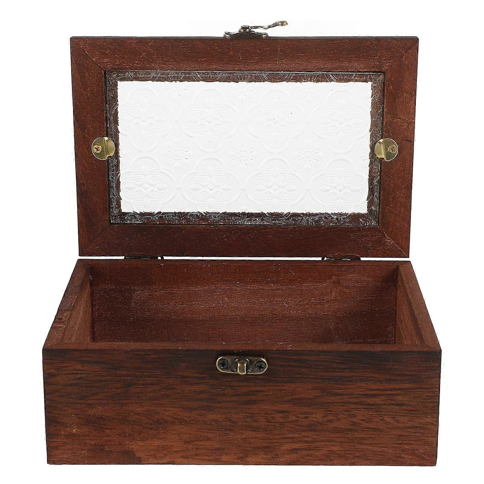 Wooden Jewelry Box with Glass Lid and Metal Clasp – Retro Natural Wood Keepsake Case with Begonia Design for Collectibles Storage and Home