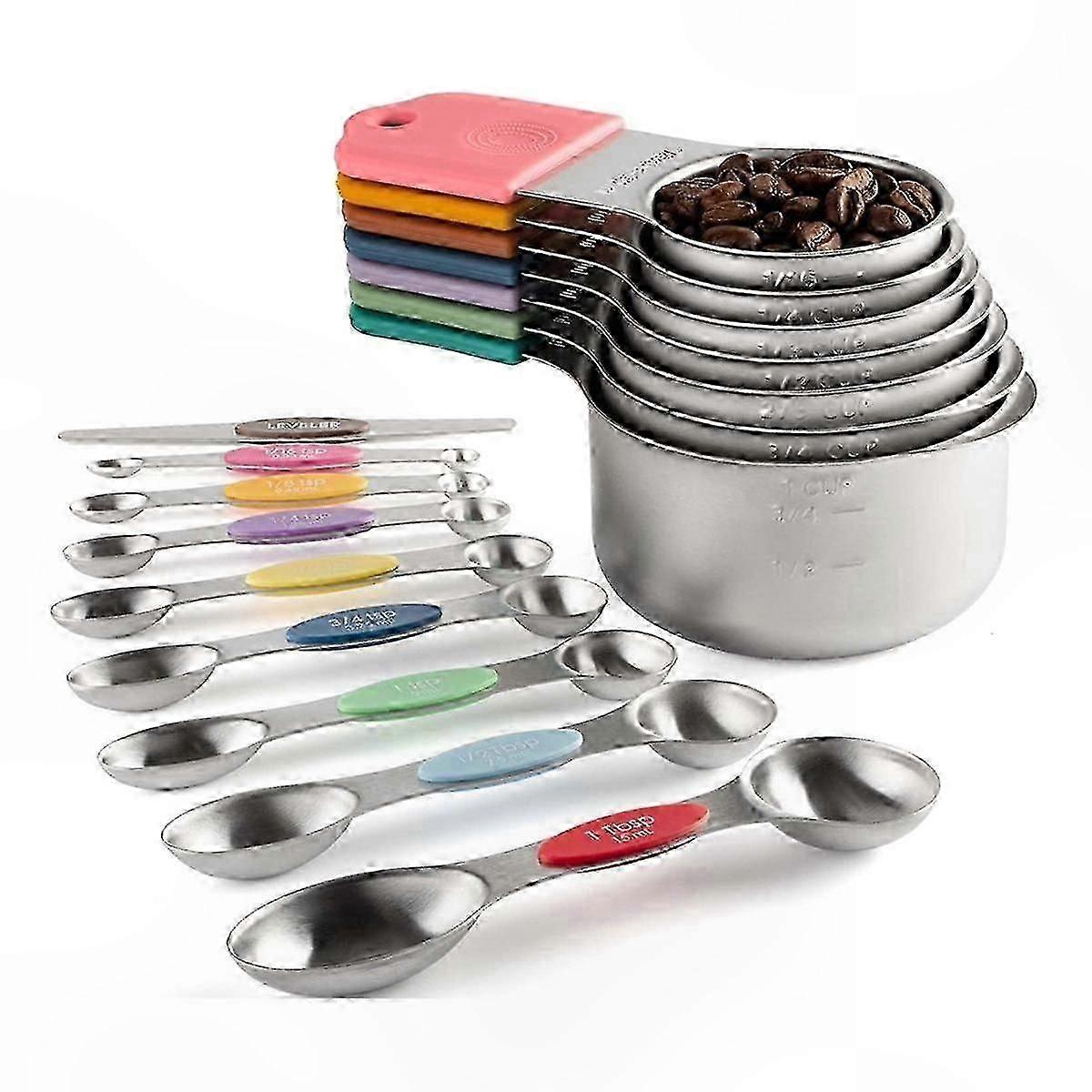 16-Piece Magnetic Measuring Set with Stainless Steel Cups and Double-Sided Spoons, Includes Leveler for Easy Baking