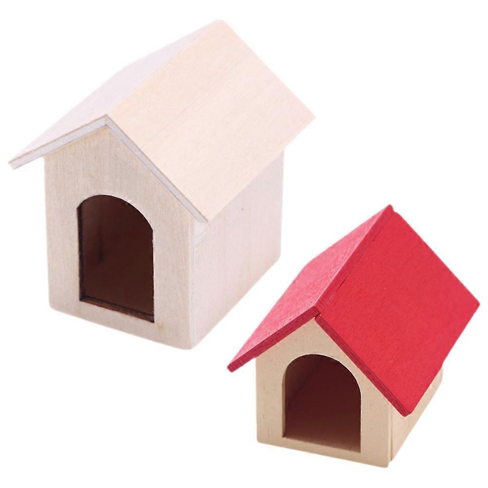 Assorted Color Miniature Dog Kennels for Dollhouse Decoration Safe Birch Material 2pcs Set