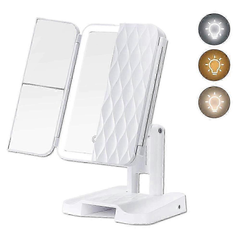 LED Trifold Makeup Vanity Mirror with Lights - Touch Control, 3 Color Lighting Modes & 1x/2x/3x Magnification for Perfect Cosmetic Applicati