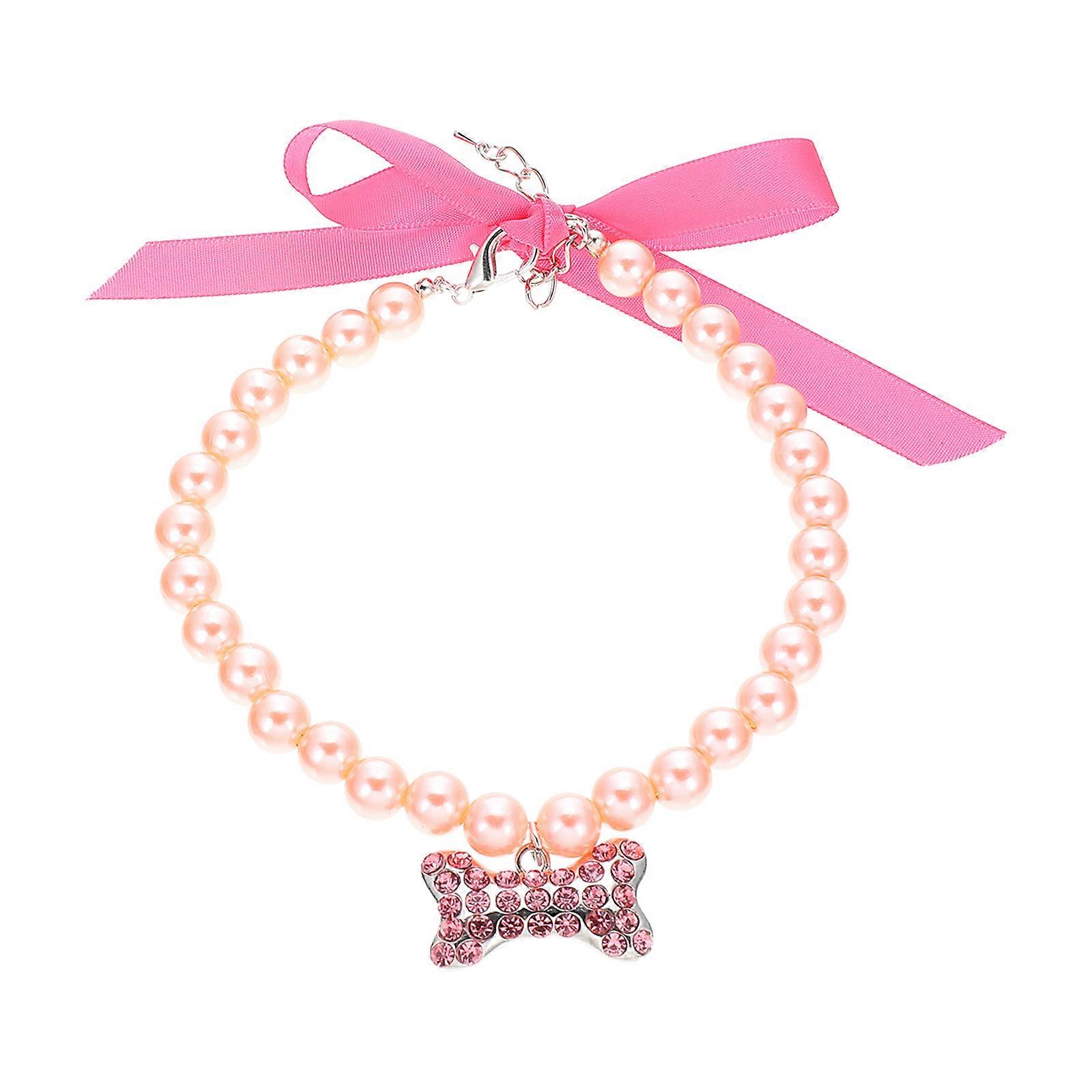 Cat Collar Pearl Necklace Bone Shape for Pet Dogs Christmas Party Pink Alloy 1Pack