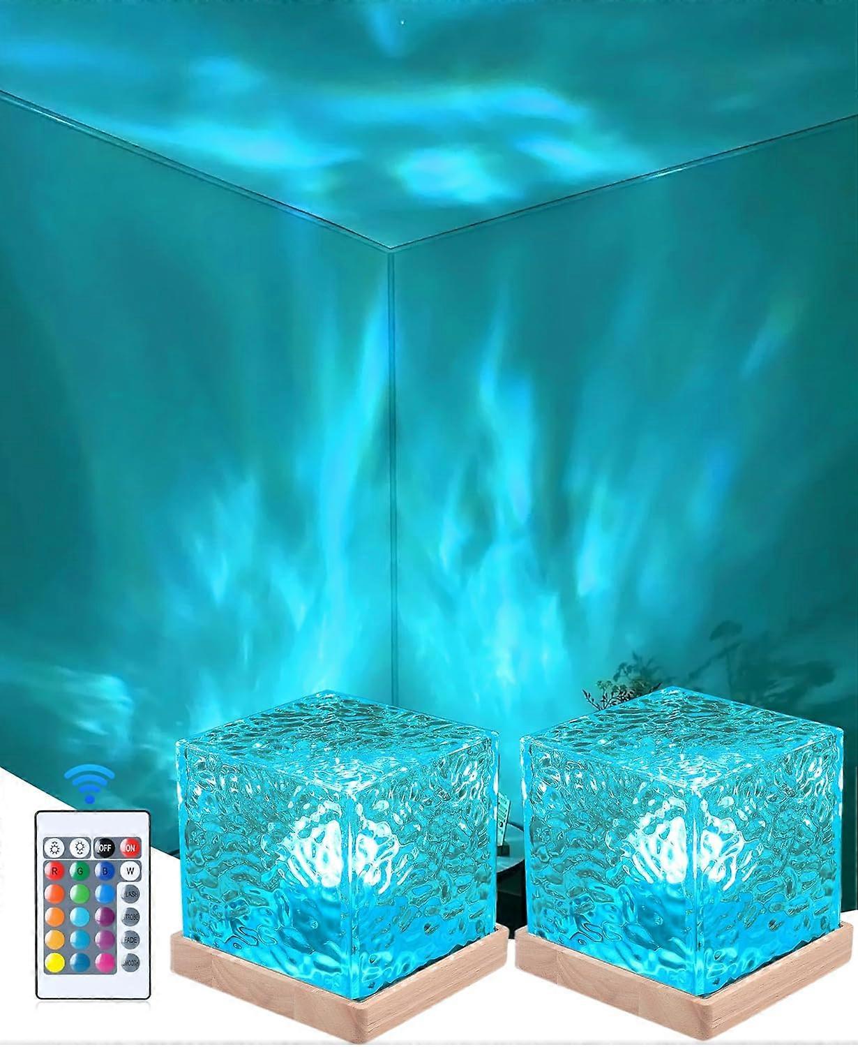 2 Stück kabellose Lavalampe, wiederaufladbare Nordlichter Würfel Ocean Wave Projektor Licht Aurora Glow Lampe, 16 Farben allmählich rotierend mit Fernbedienung Con