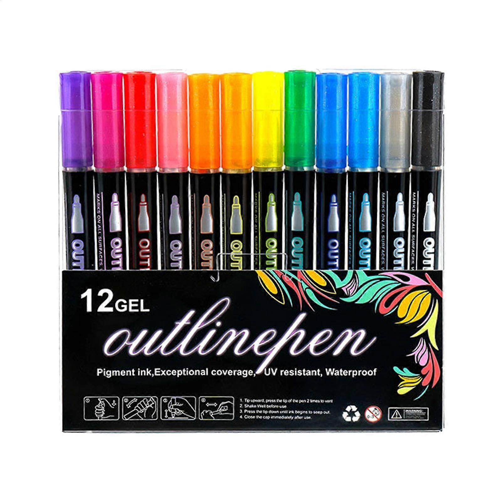 Lightstick Graffiti Highlighter Contour Pens Set of 12 Colors Double Line Outline Markers for Art Craft and Greeting Cards