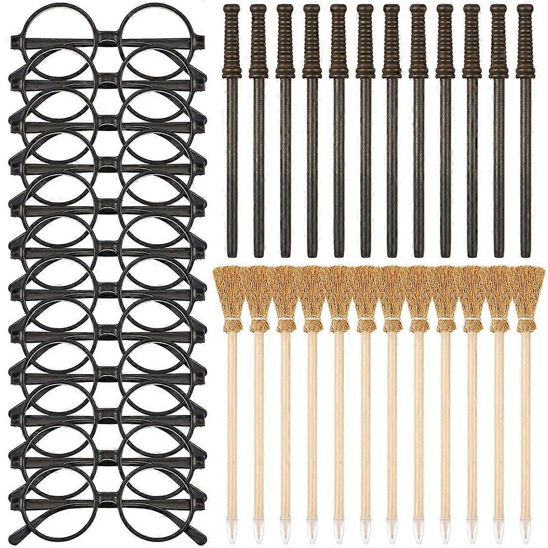 36 Pcs Broom Pencil and Wands Pencils and Glasses with Round Frame No Lenses,Wizard Wands Theme Par