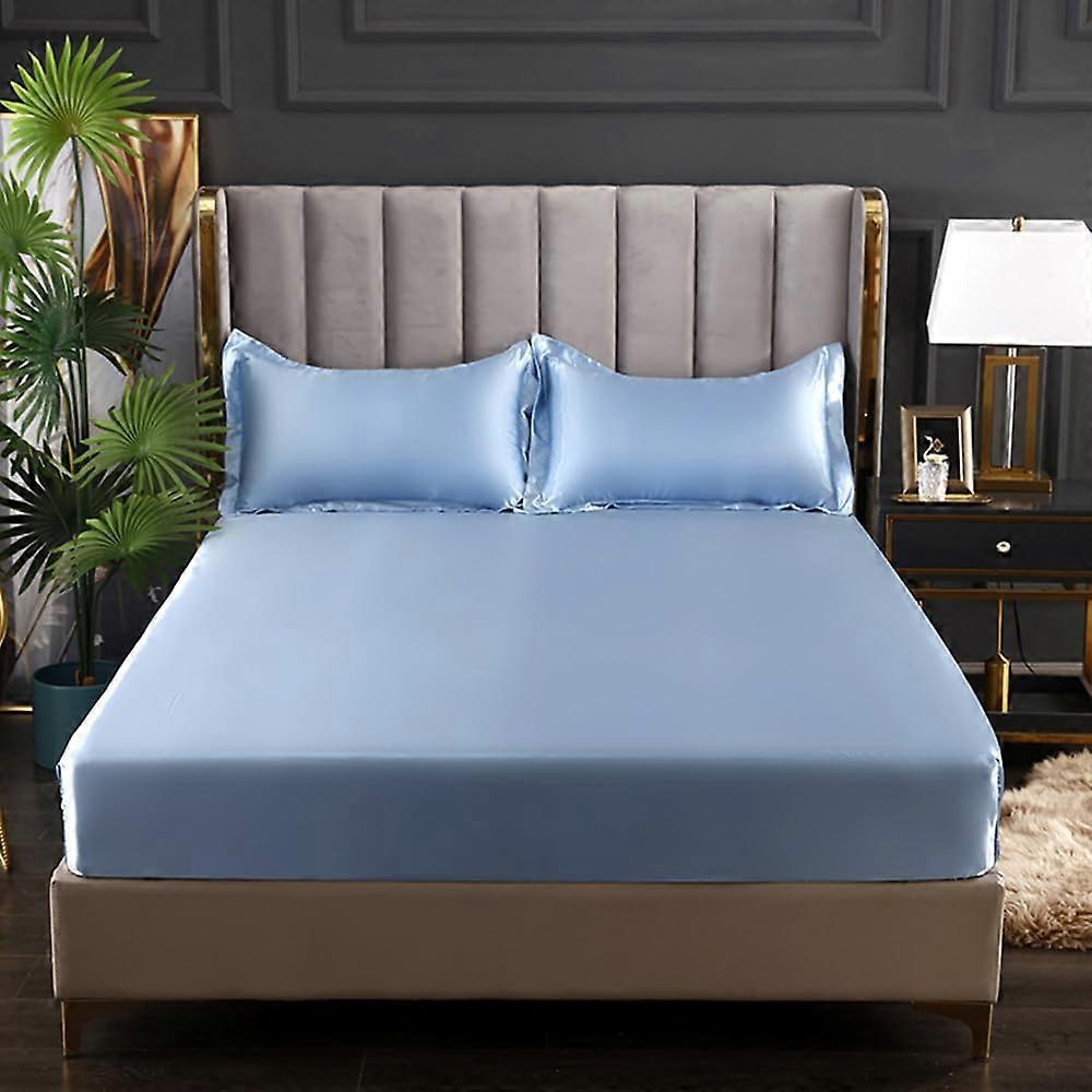 Solid Color Bedding Sheets Deep Pocket 25cm, Simulated Silk Bottom Sheet, King Size Bed, Sky Blue Pillowcases 2pc