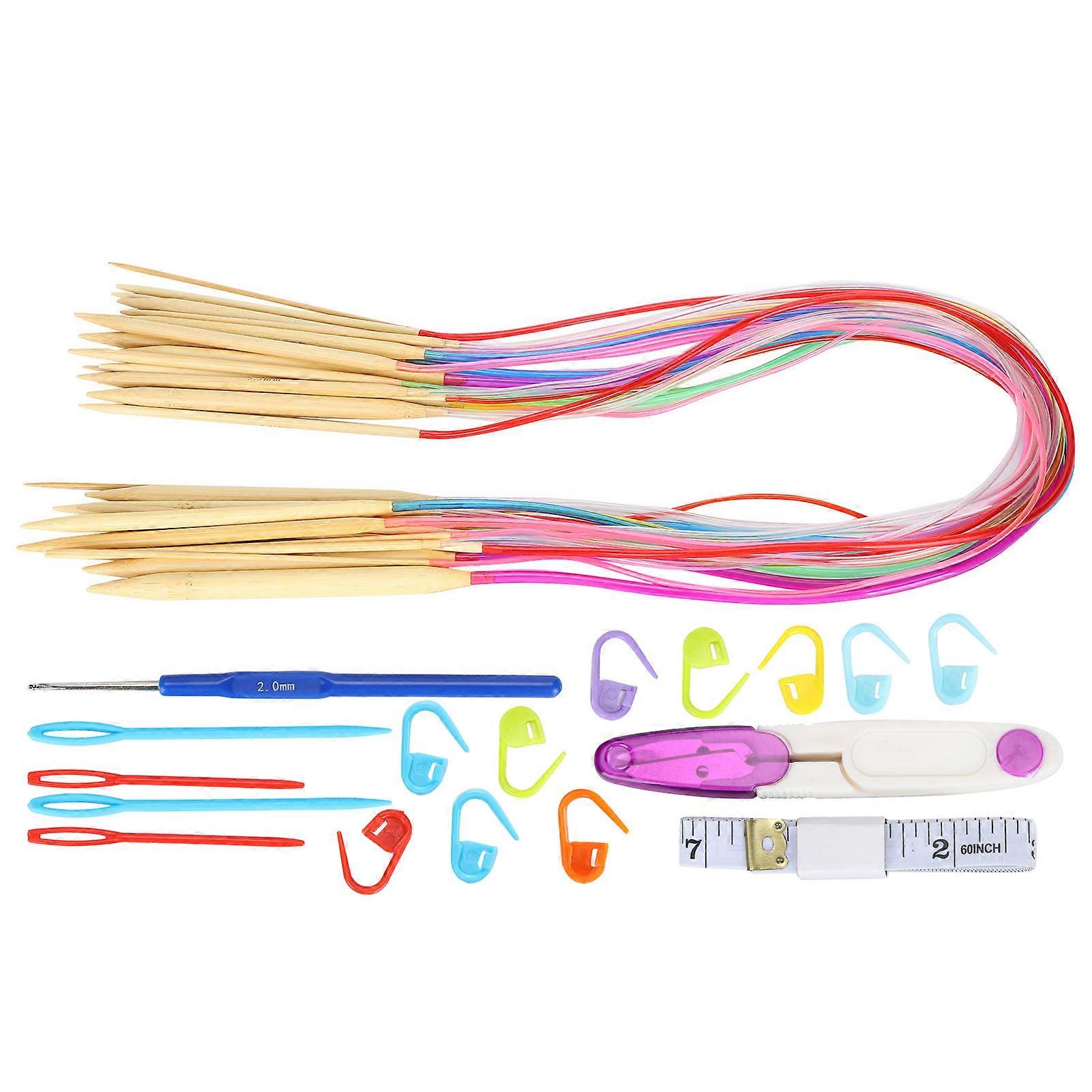 Lot de 18 aiguilles circulaires à double pointe en bambou, tube coloré, avec accessoires (80 cm)