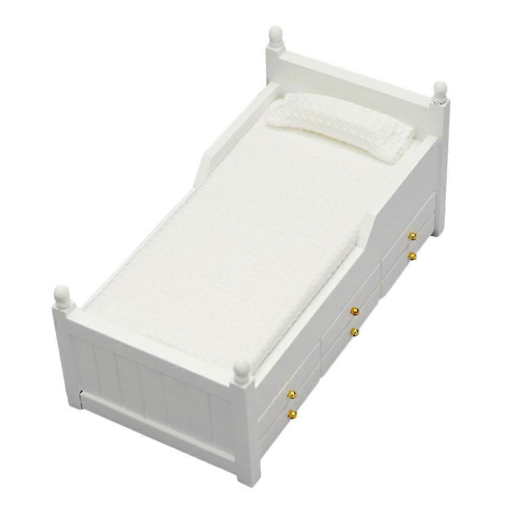 Doll House Miniature Bed Wooden Model for Decor with Drawer White