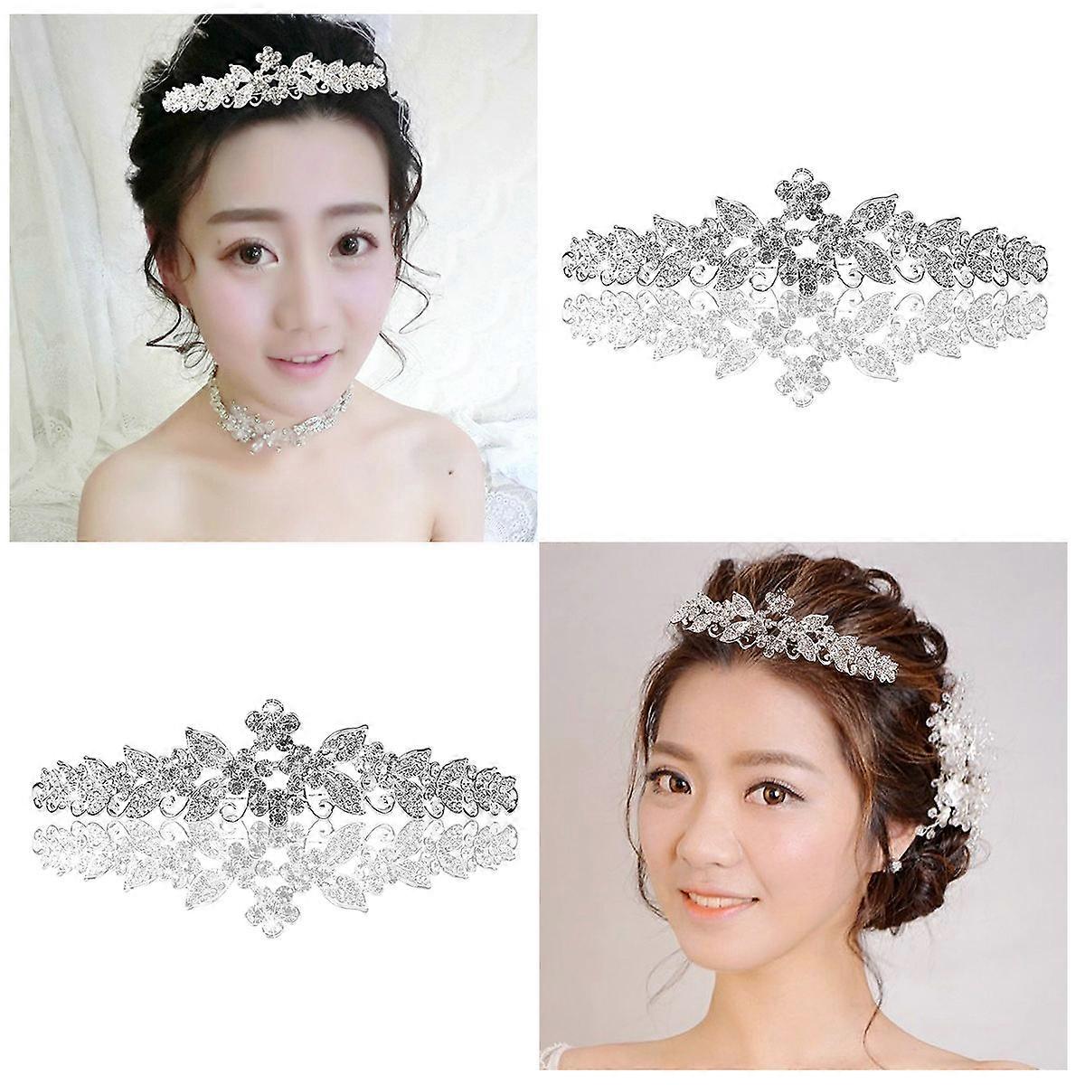 Crystal Rhinestone Tiara Crown Headband for Wedding Use 2Pcs Silver Set
