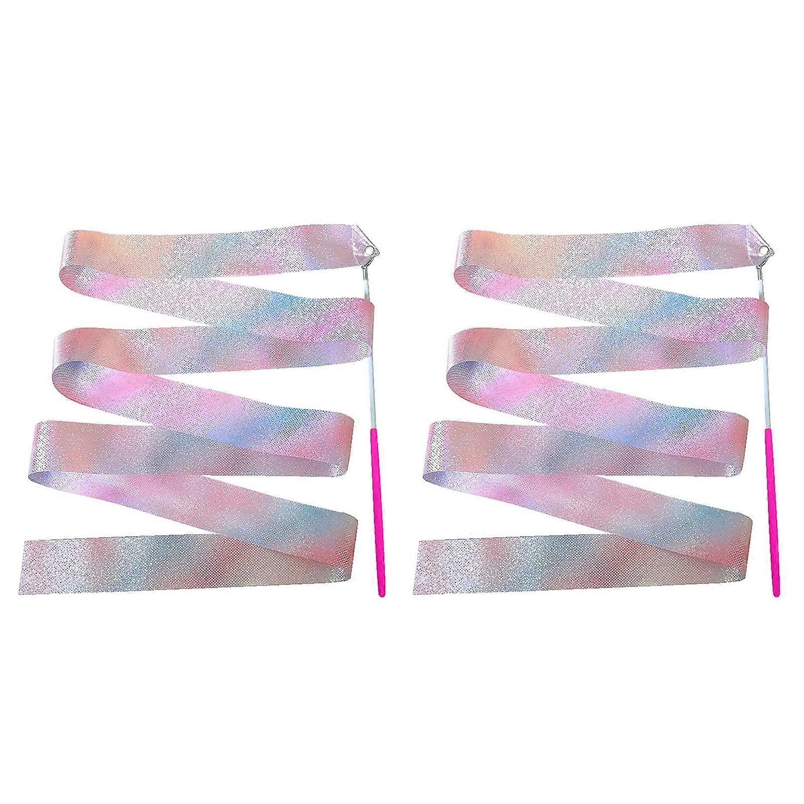 Iaukyu 2Pcs Sparkling Satin Gymnastic Ribbons with Wand, Extra Soft & Flexible, Comfortable Grip for Kids Rhythmic Dance Training