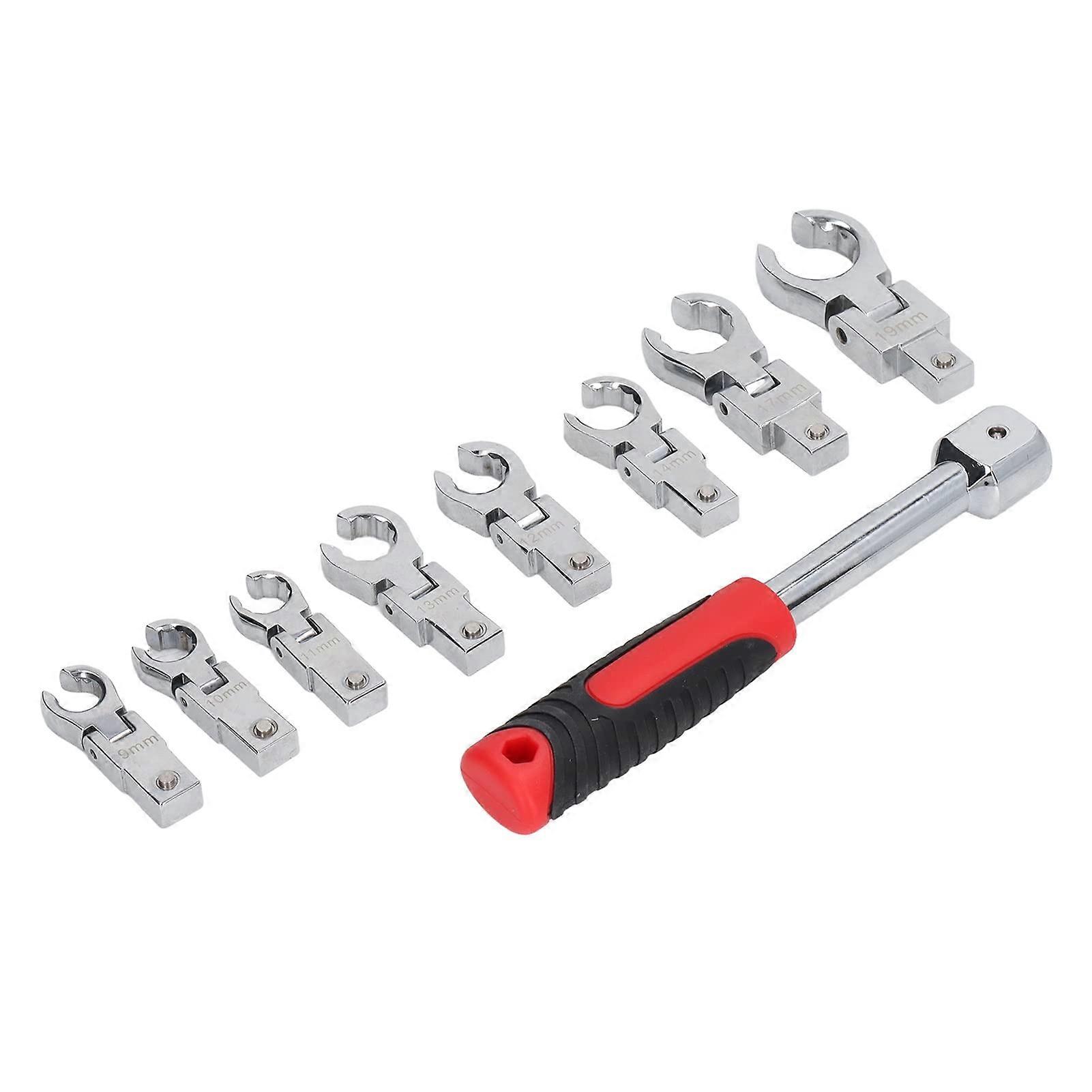 9Pcs Replaceable Wrench Set 180 Degree Flexible Head Rotating Torsion Wrench With Handle Silver Black For Mechanics