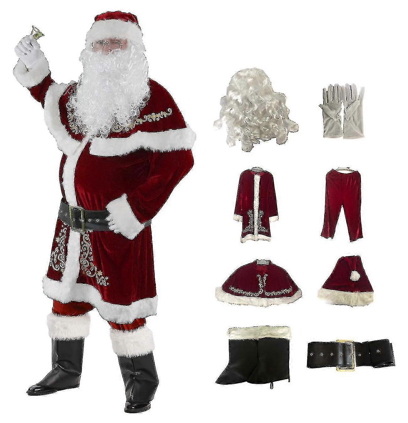 Costume de Père Noël de luxe en velours, 8 pièces, pour homme, idéal pour Noël.