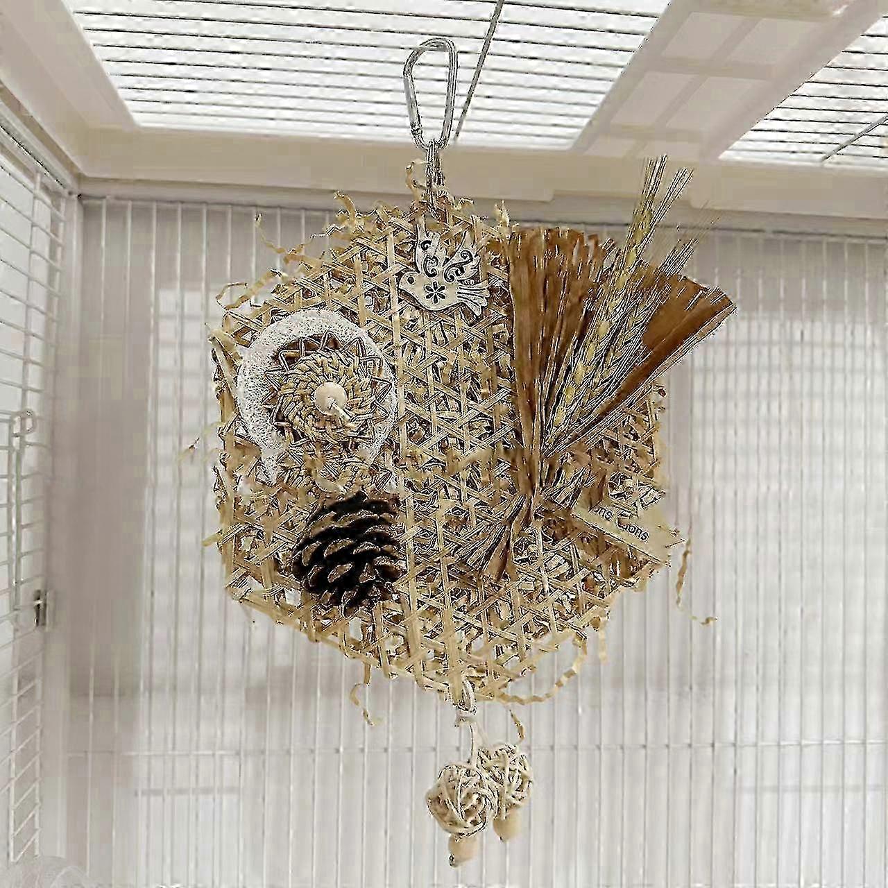 Bamboo & Rattan Bird Toy Parrot Chew Toy with Paper Strands, Millet Sprays, and Rattan Weave for Beak Health & Enrichment