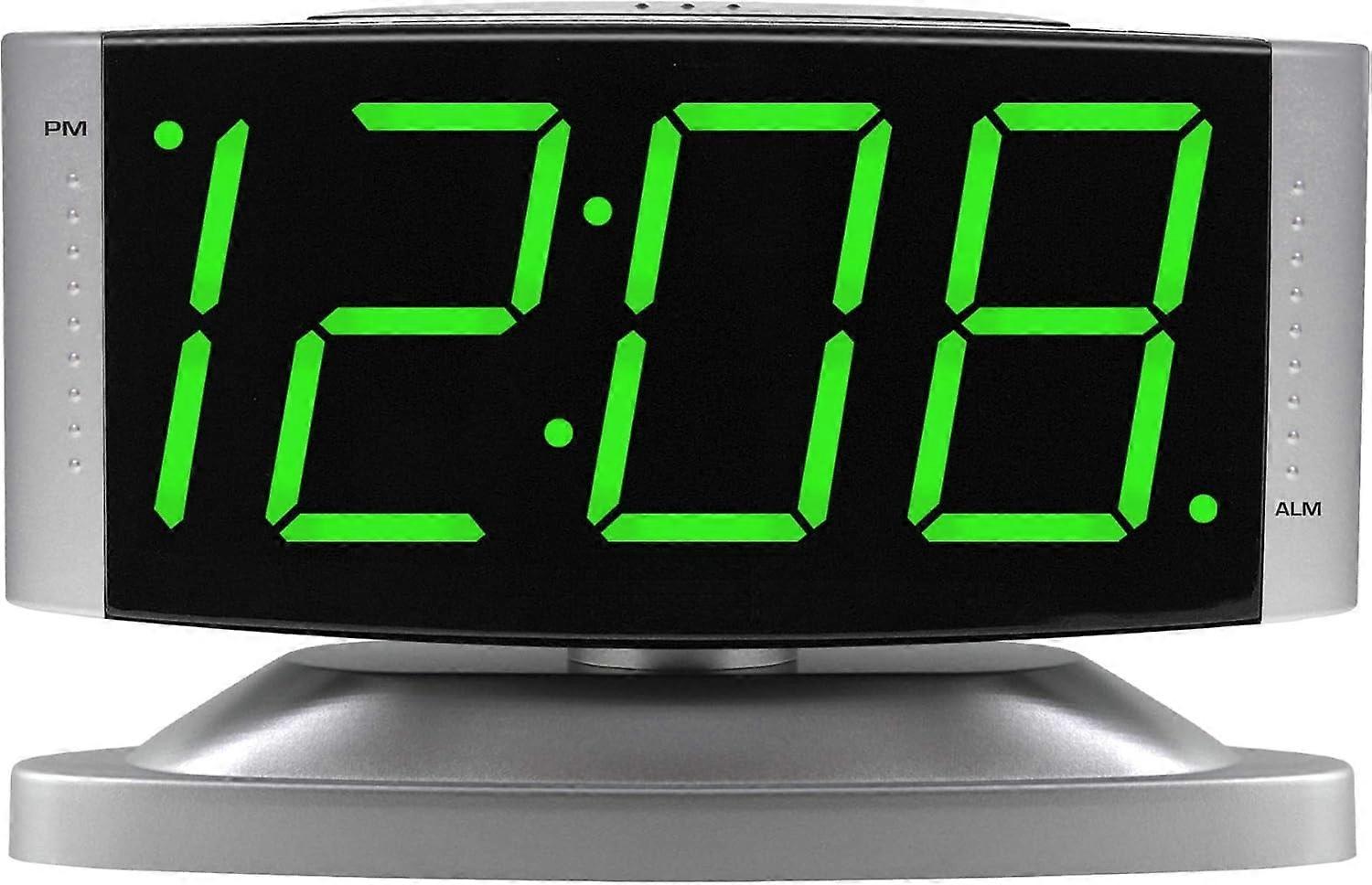 LED Digital Alarm Clock with Rotating Base, Brightness Dimmer, Snooze, Large Green Display, Silver - Socket Powered