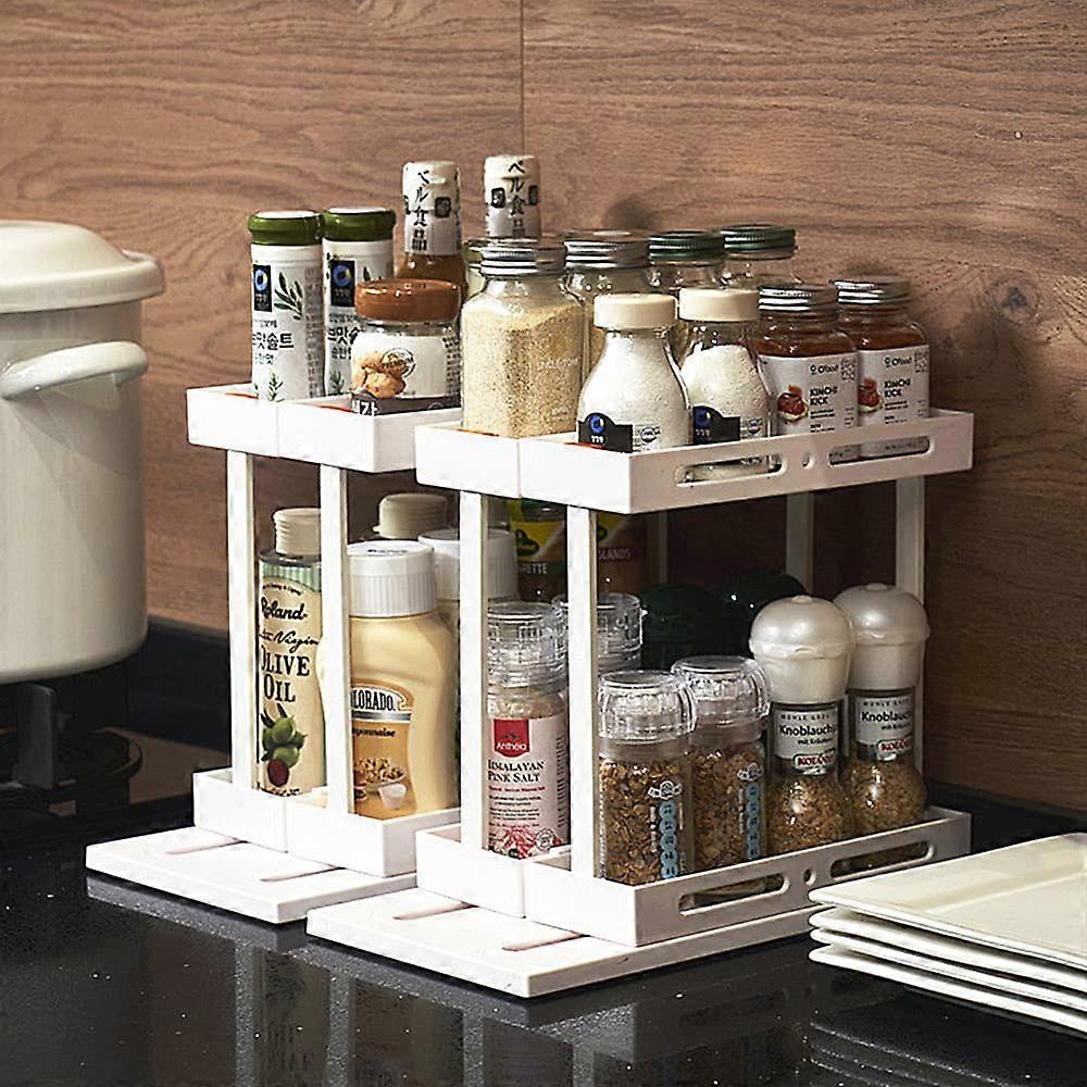 Rotating Spice Rack Two Tier Pull Out Organizer for Cabinet and Countertop Space Saving White