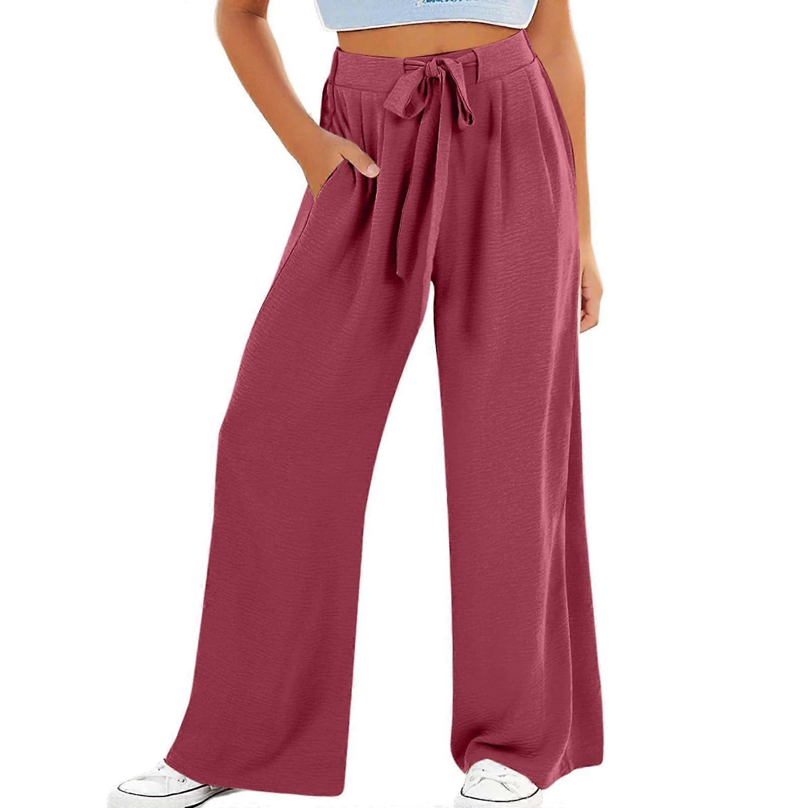 Women's cotton and linen wide-leg pants with drawstring elastic waist, casual style, and pockets.  Red XL