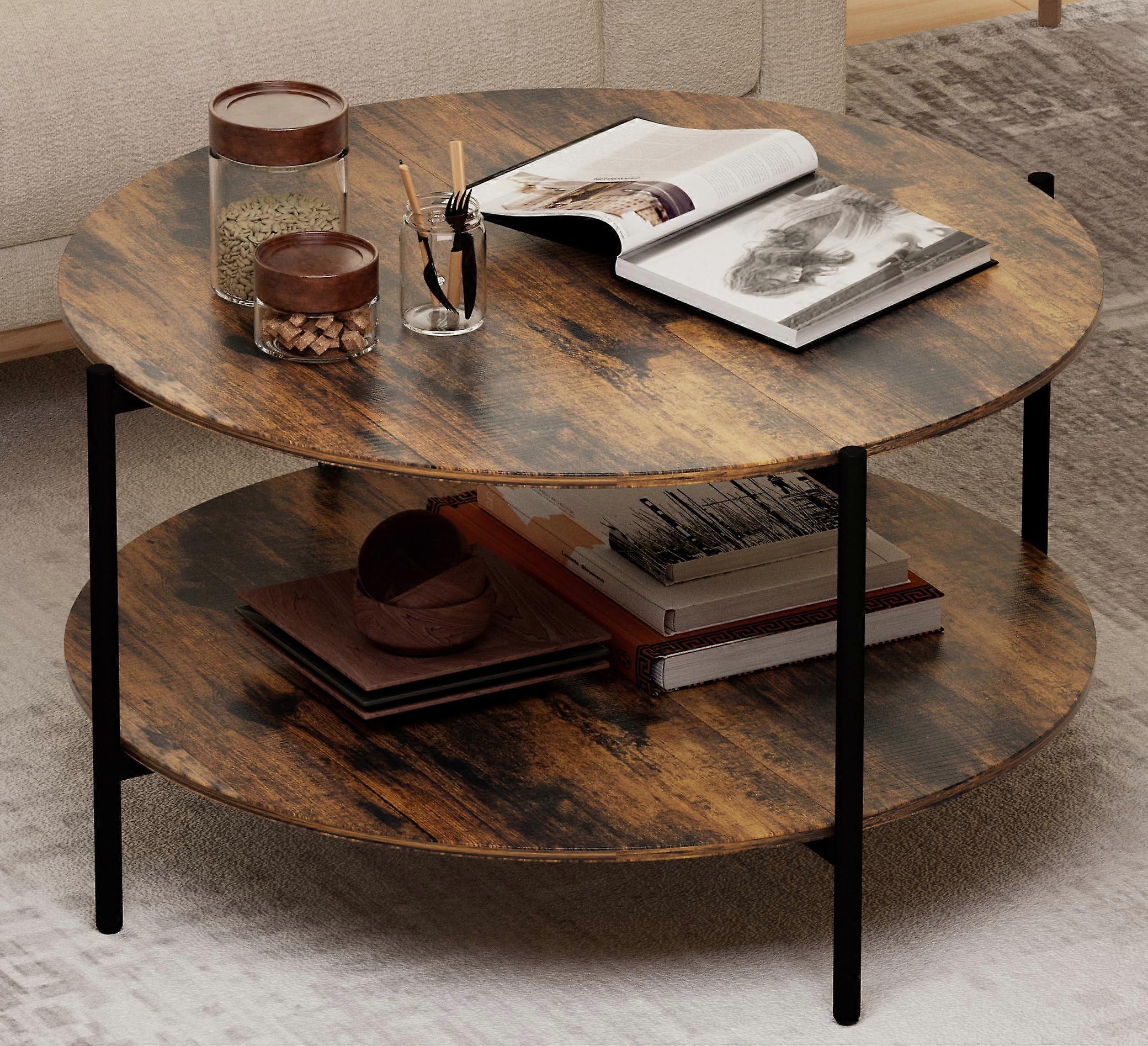 Round Coffee Table with Storage, 2Tier Rustic Farmhouse Wood Center Table for Living Room, Walnut