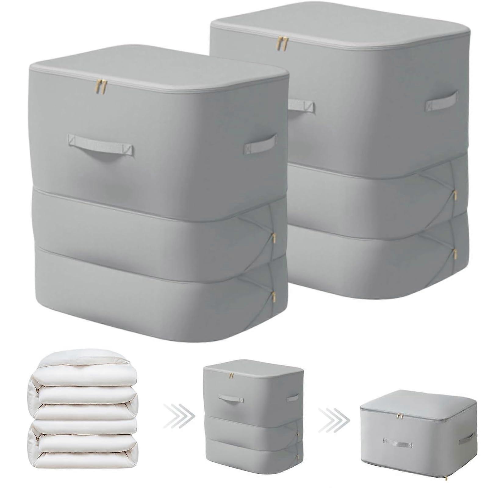 2Pack Compression Storage Bags with Triple Zipper, Large Capacity Comforter Organizer for Bedding, Washable Grey