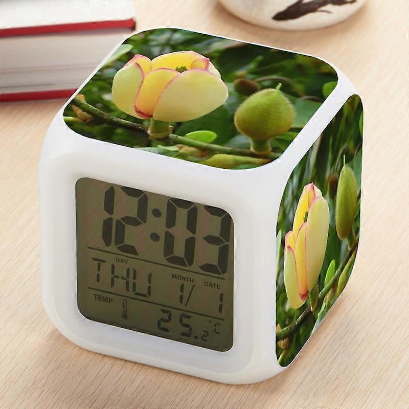 Michelia figo pattern seven-color changing square clock creative desktop alarm clock