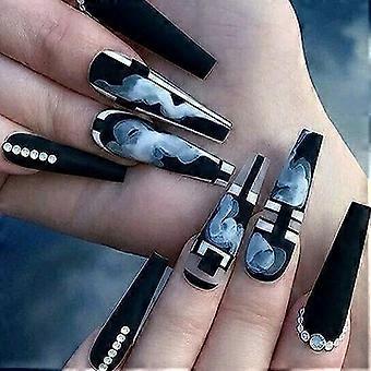 Long Coffin Press On Nails Matte Black Graffiti Design Acrylic False Nails Ready to Wear