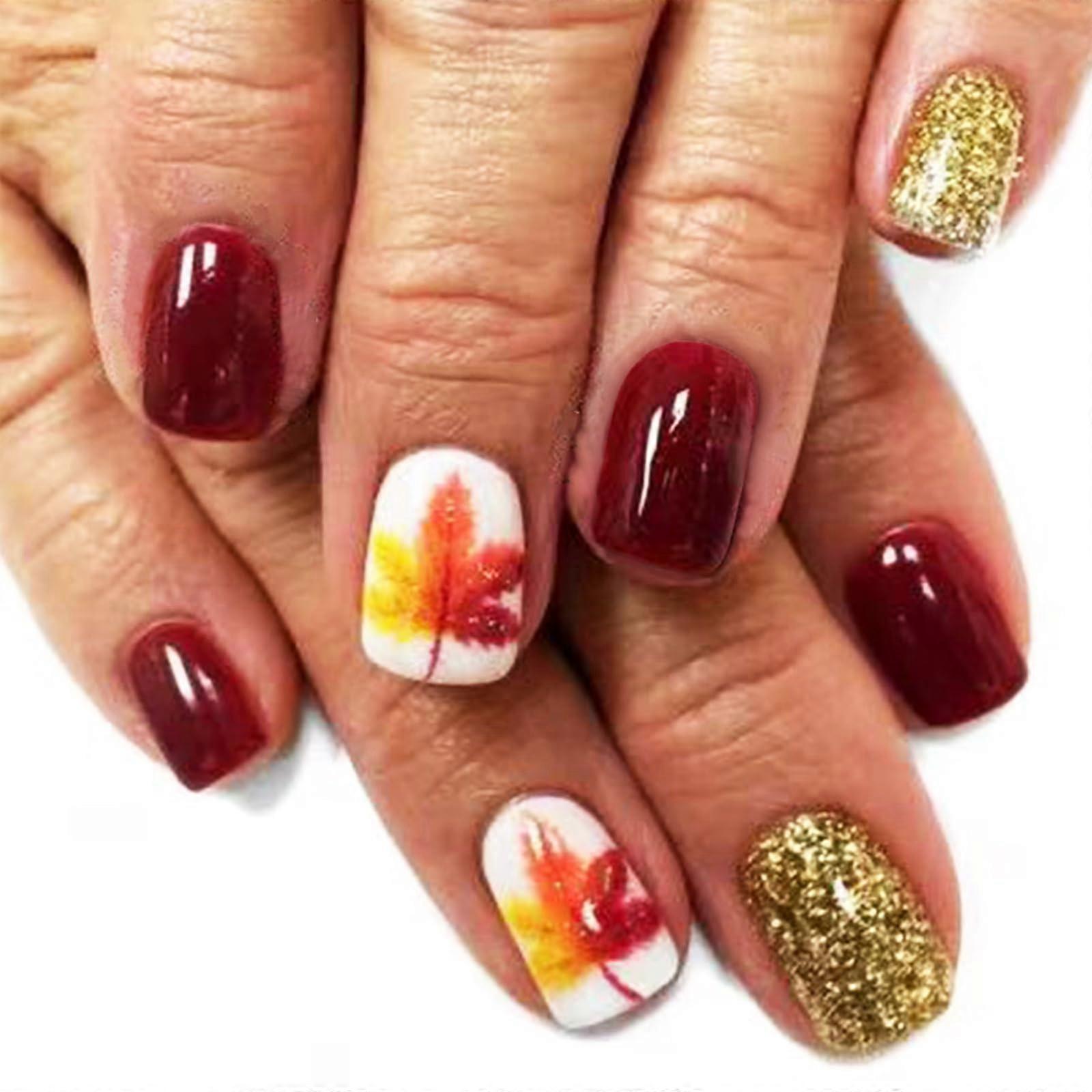 Short Square Press On Nails with Glitter Maple Leaf Design, 24pcs Reusable Thanksgiving Nail Kit