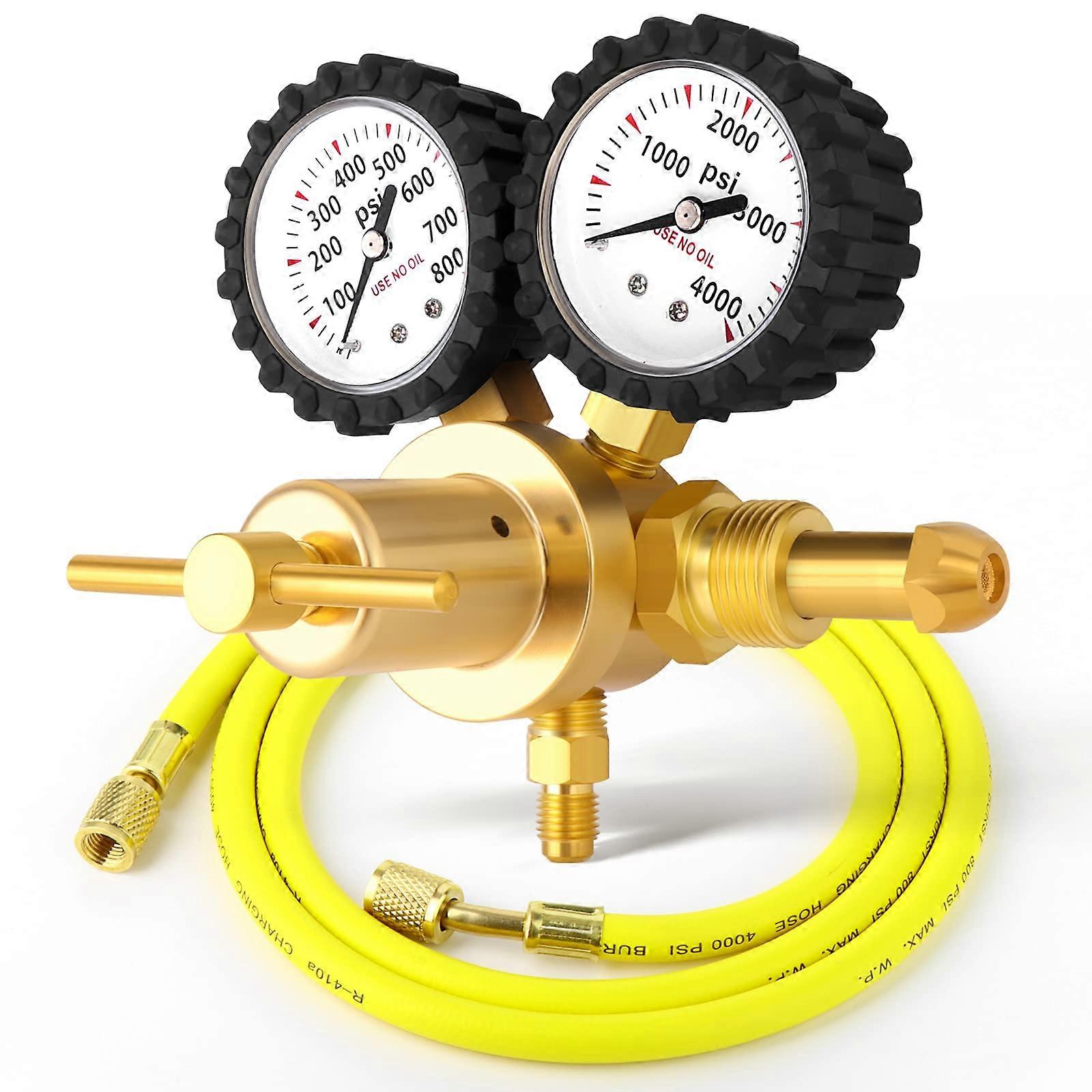 Regulador de Nitrogênio e Hélio 0800 PSI CGA580 com Válvula de Latão e Manômetro Duplo e Mangueira de 60 Polegadas
