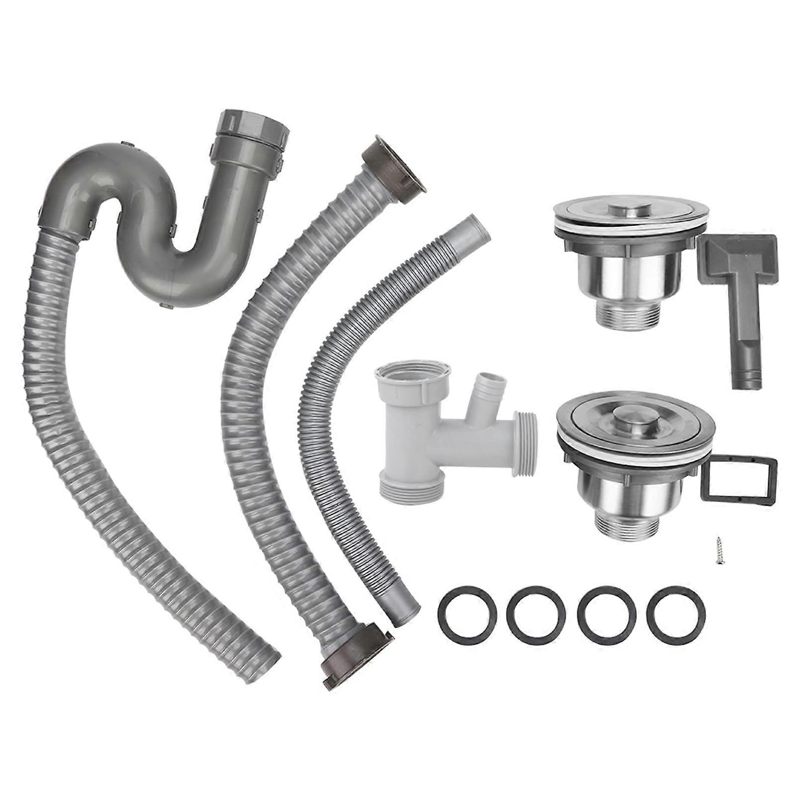 Stainless Steel Sink Strainer with Overflow Pipe, Durable Double Basin Kitchen Drain Plug