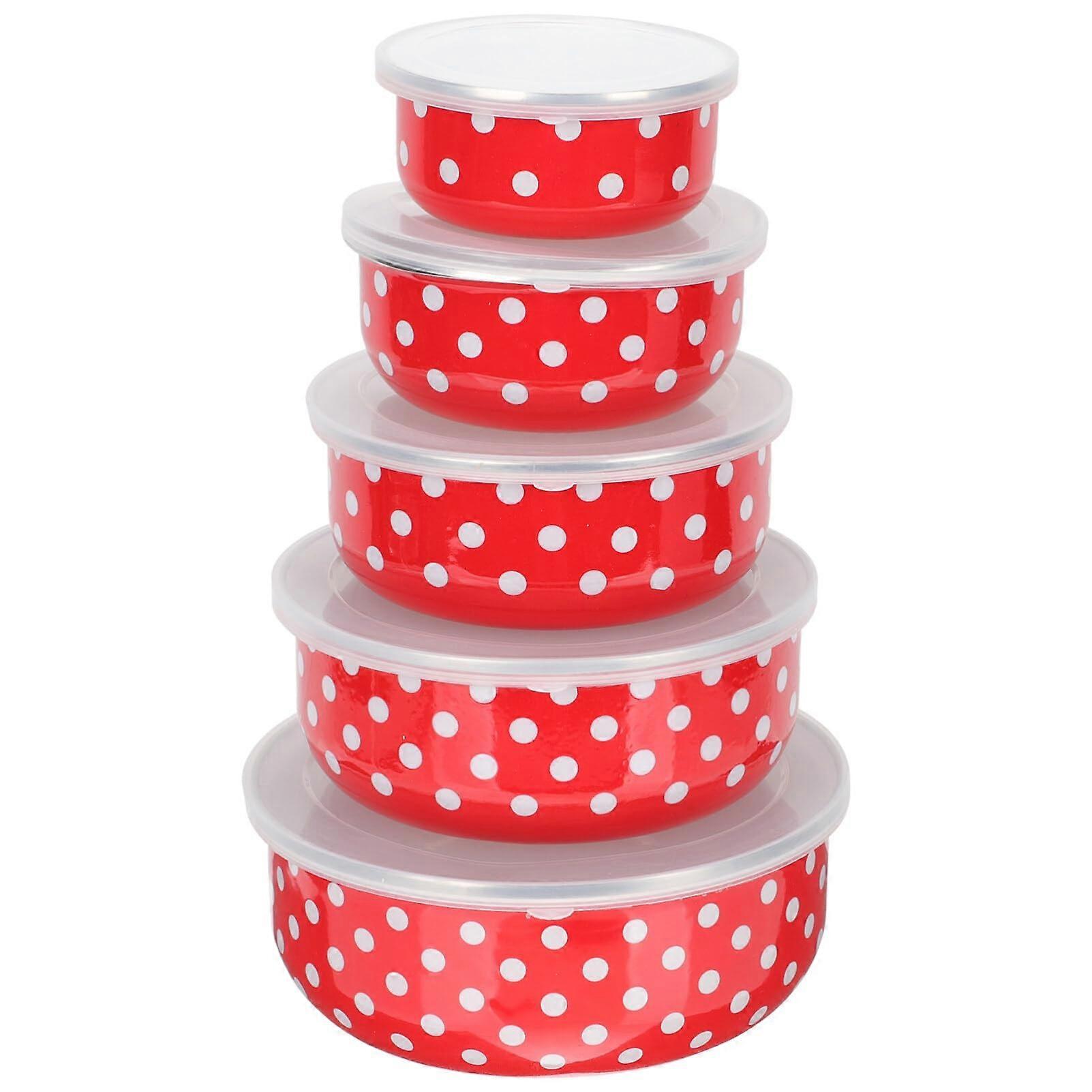 5pcs Enamel Mixing Bowls Set with Lids, Stackable for Kitchen Baking and Serving, White Red