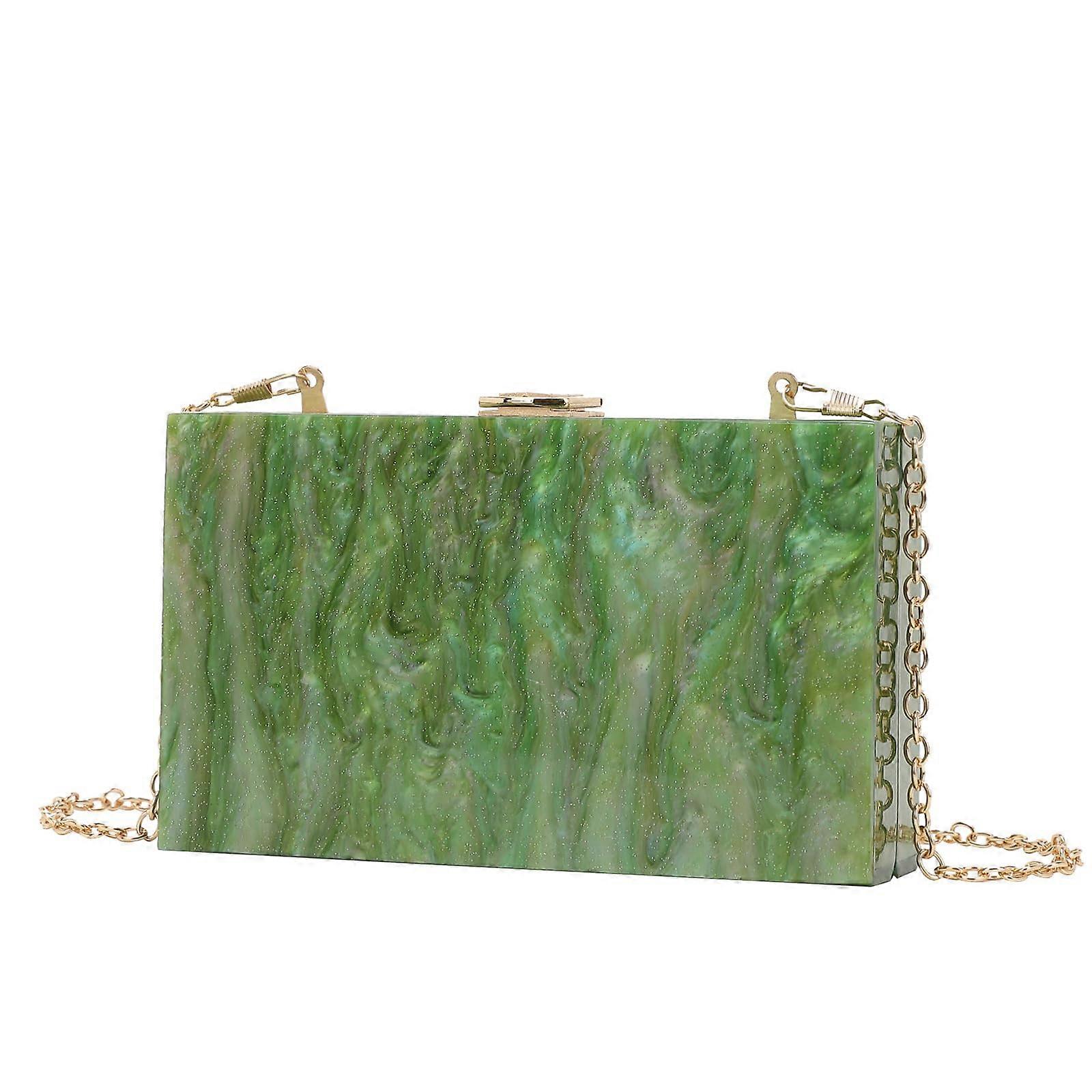 Green Acrylic Evening Bag with Marble Clutch Design, Bold Circle Patchwork, Chic Minimalist Style