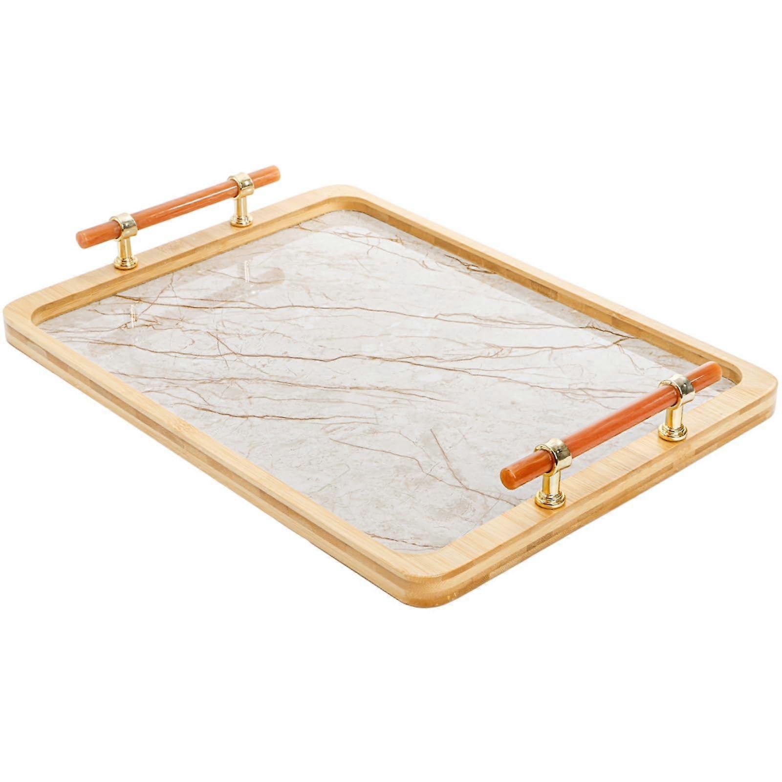 Large Bamboo Serving Tray with Handles, Marbled Ottoman Coffee Table Platter, 15.5x11.5 Inch