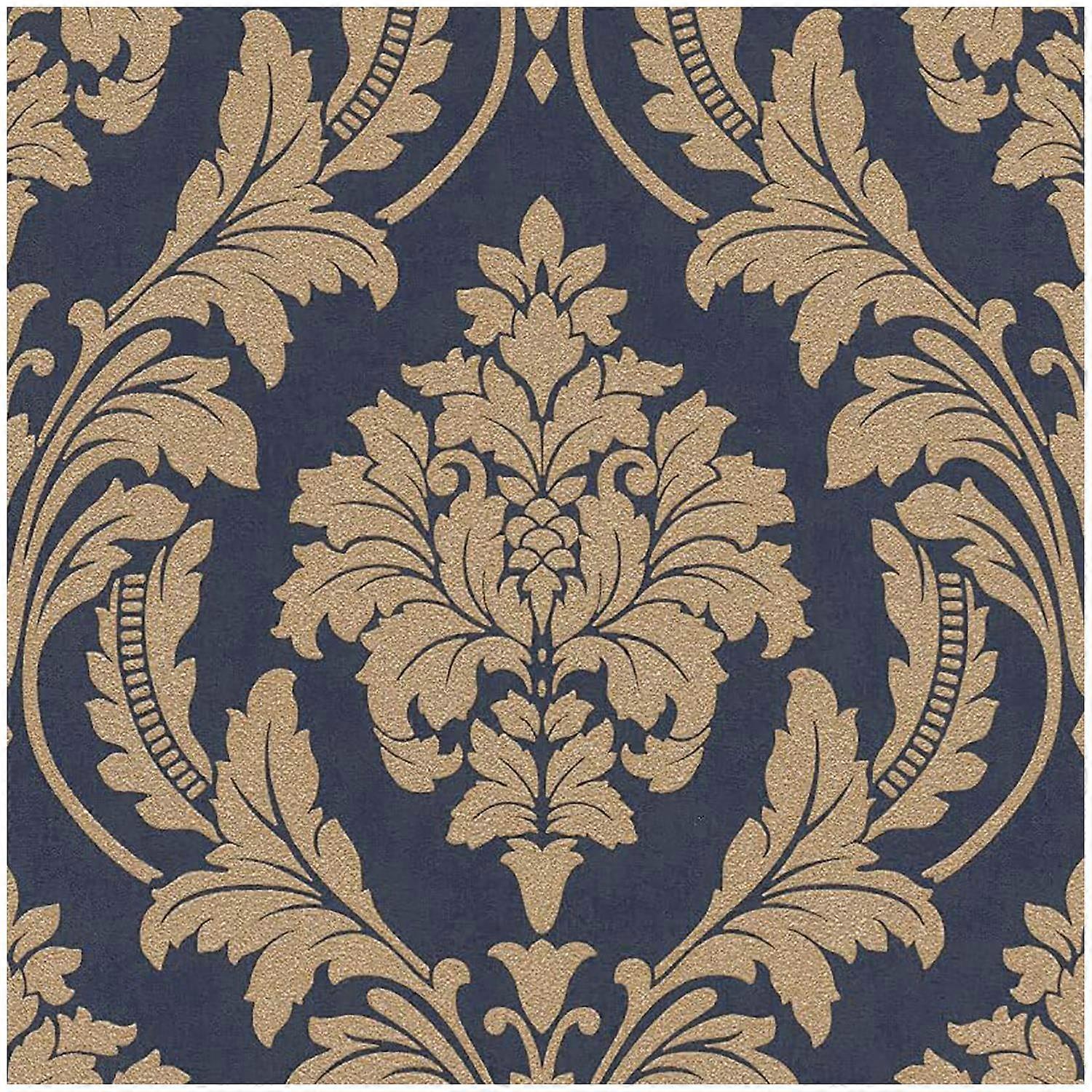 Navy Gold Damask Wallpaper
