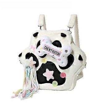 Pluche rugzak met kattenpootjes, witte basis met zwarte pootafdrukken, Y2K-stijl, grote inhoud 40x35x8 cm, zacht polyester, voor tieners en volwassenen.