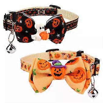 2Pcs Halloween Cat Collar, Adjustable with Bow Printed Pumpkin Ghost Assorted